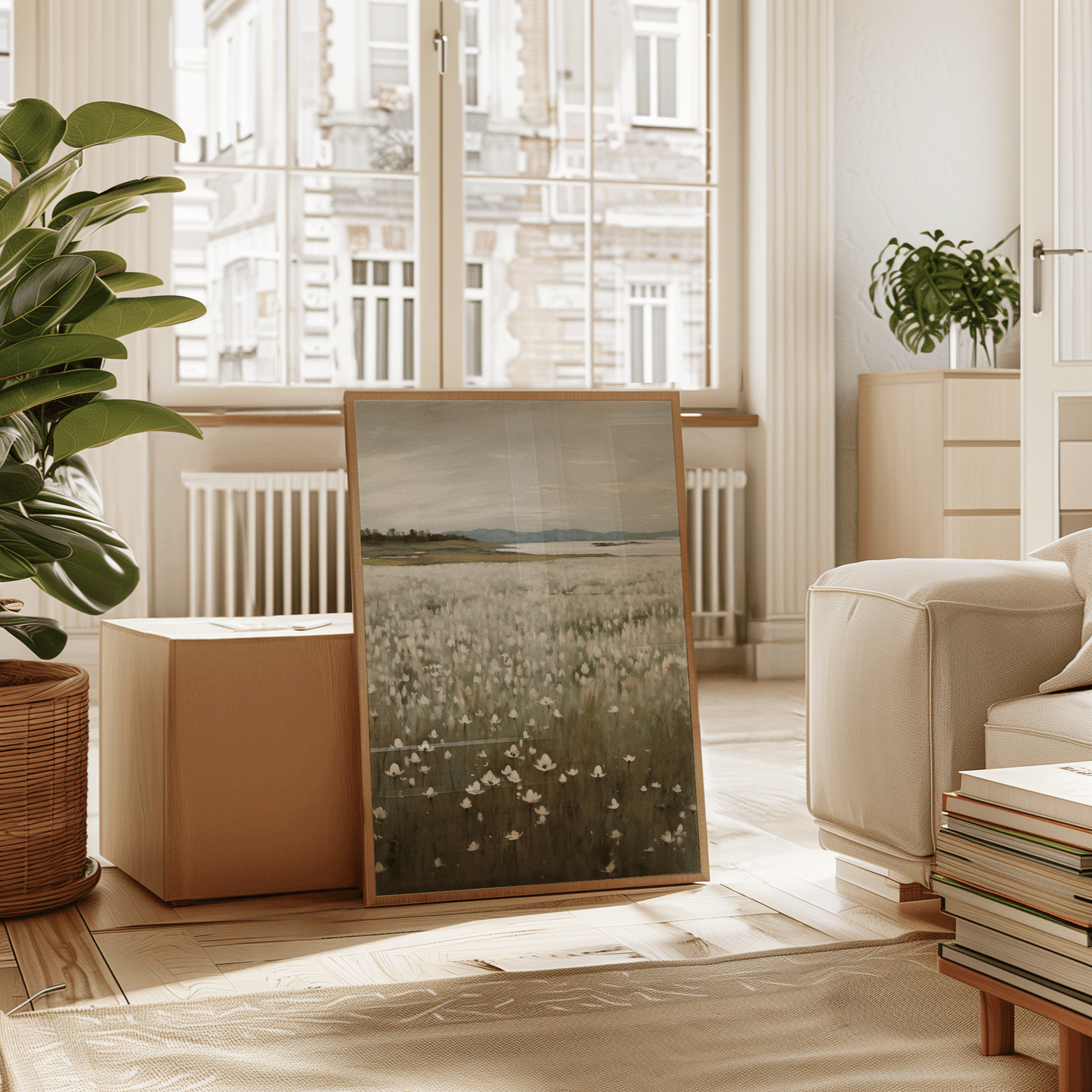 Neutral rustic wall art of a wildflower field and soft rolling landscape, framed in light wood and styled in a modern living space — perfect for cottagecore interiors, dining rooms, and airy entryways.