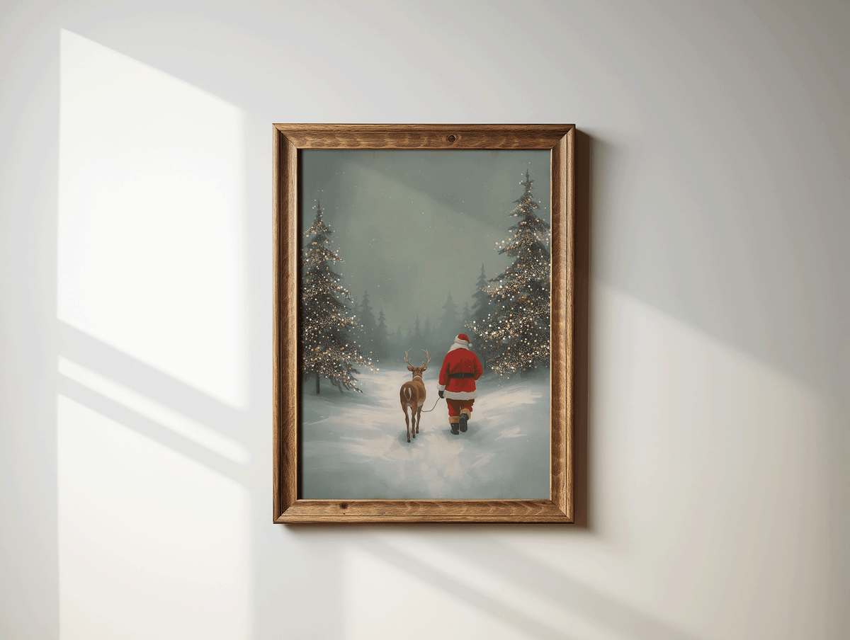 Rustic wood-framed Santa and reindeer Christmas print in a snowy forest scene