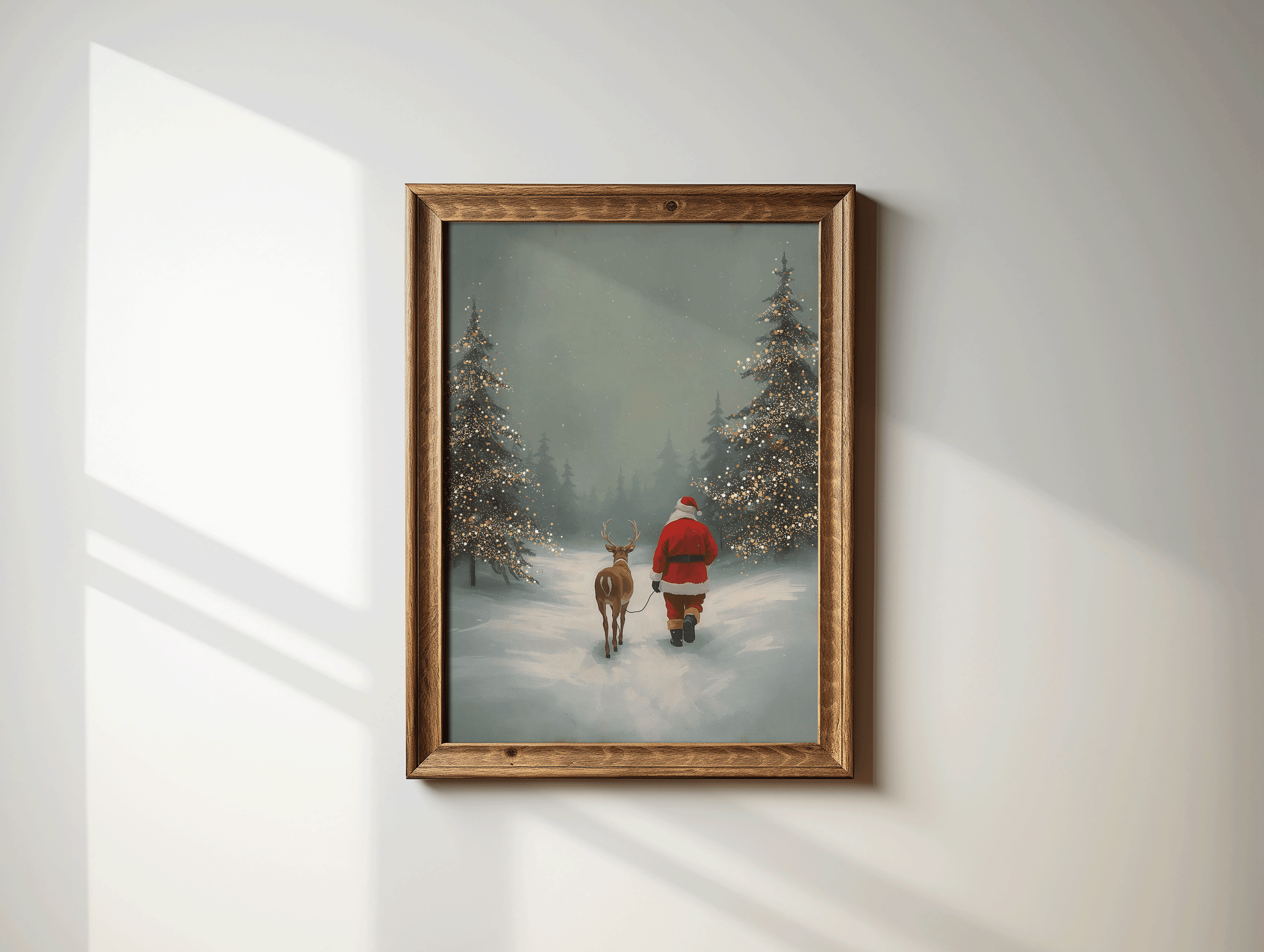 Rustic wood framed Christmas wall art featuring vintage Santa and a reindeer in a snowy forest, perfect for warm holiday décor in a dining room, living room, or cabin-style hallway