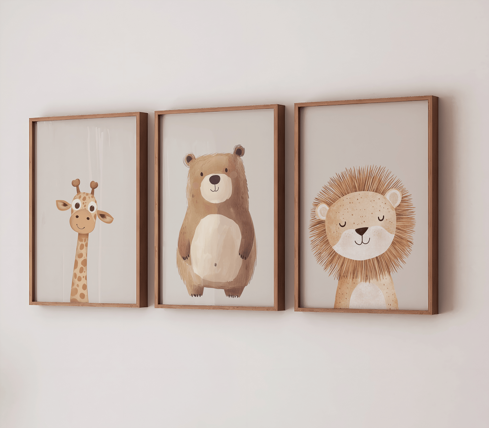 Safari animal nursery wall art triptych with giraffe, bear and lion in matching wooden frames