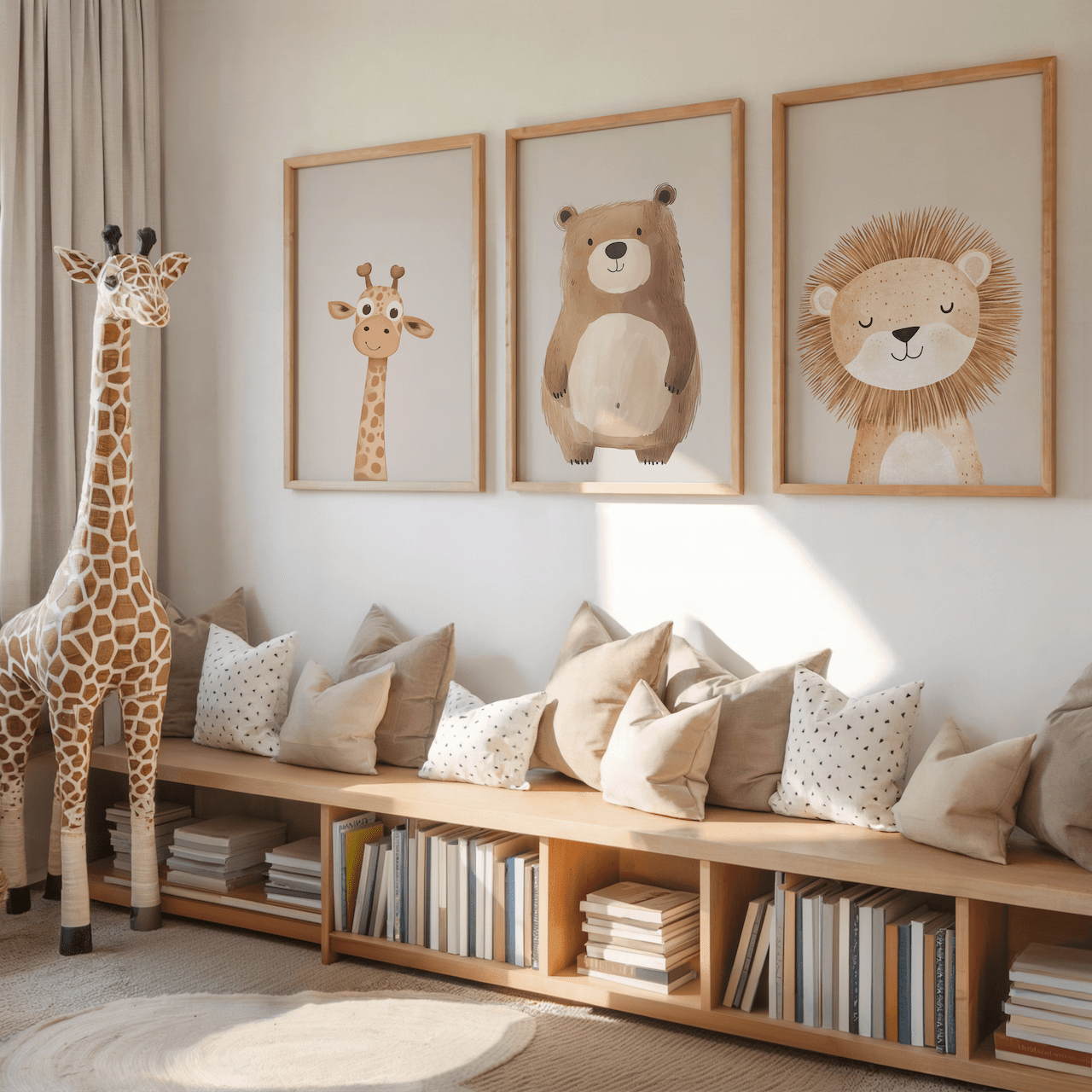 Safari playroom framed wall art set with lion print, bear, and giraffe, styled in kids reading corner above a wooden bench with books and a plush giraffe