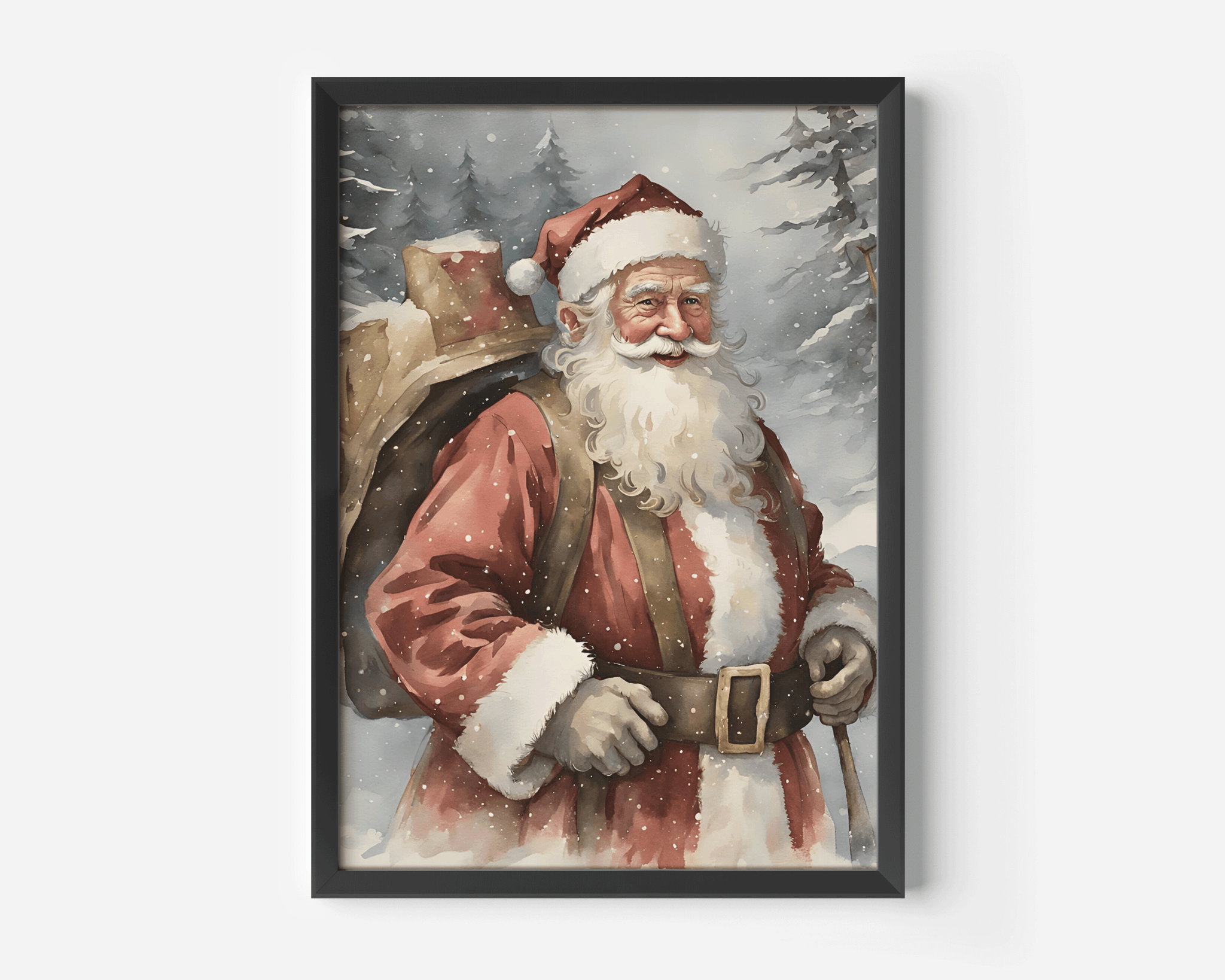 rustic Santa Claus portrait holiday canvas wall art print in black frame with snowy vintage style and Christmas forest background