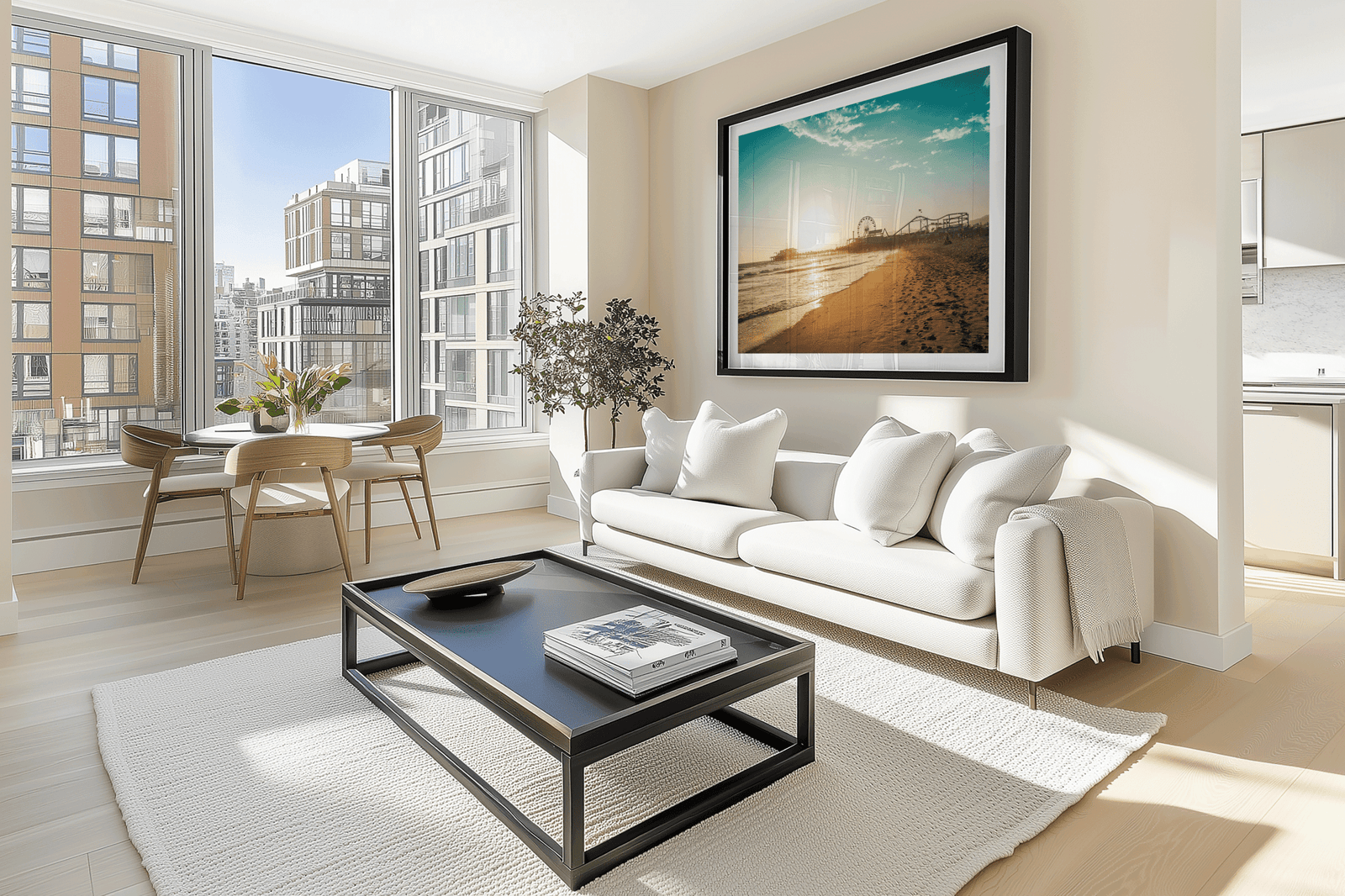 Black framed Santa Monica wall art above a white sofa in a bright condo living room