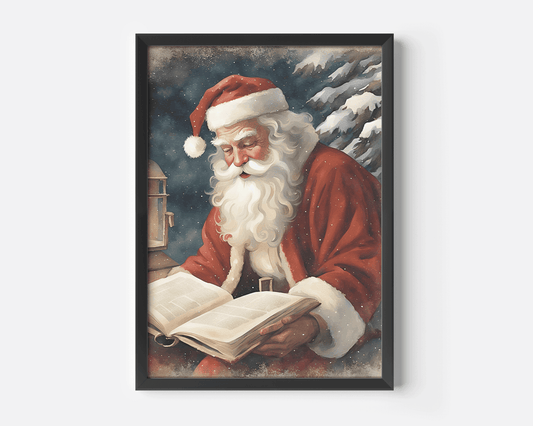 Black framed rustic Santa Claus portrait canvas wall art print reading a book at Christmas time, watercolor vintage style with vintage snowy forest background. Perfect for living rooms, dining room, holiday home decor