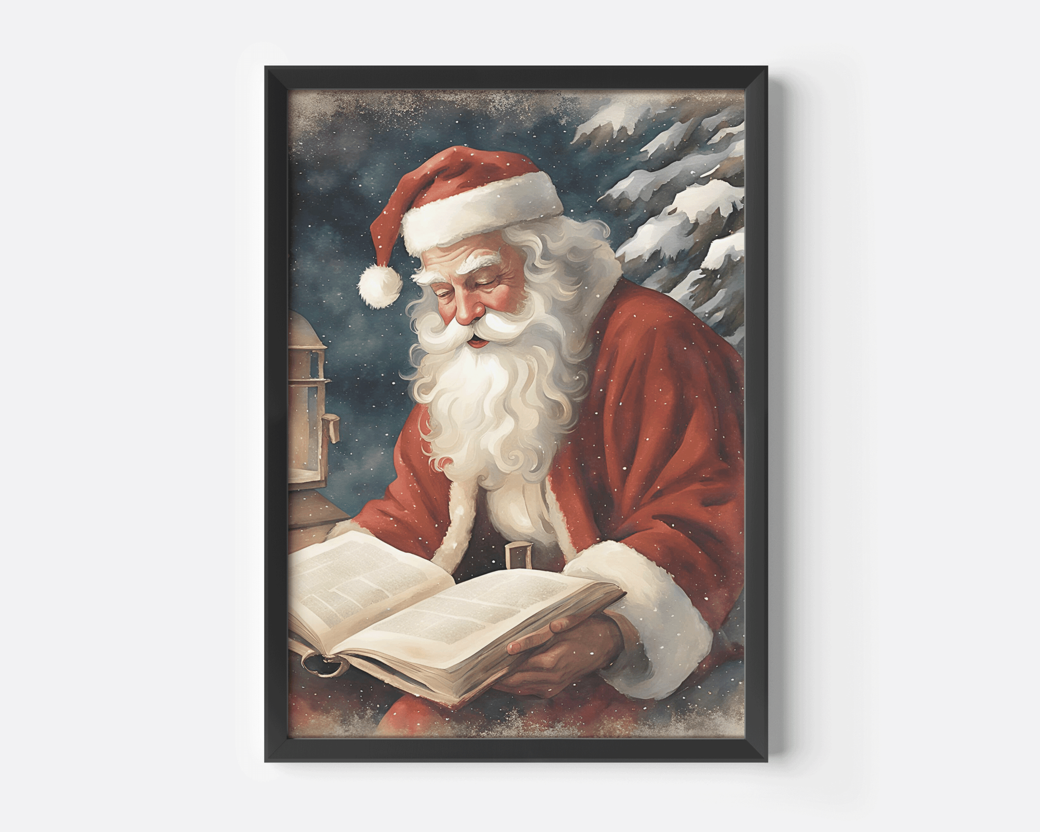 Black framed rustic Santa Claus portrait canvas wall art print reading a book at Christmas time, watercolor vintage style with vintage snowy forest background. Perfect for living rooms, dining room, holiday home decor