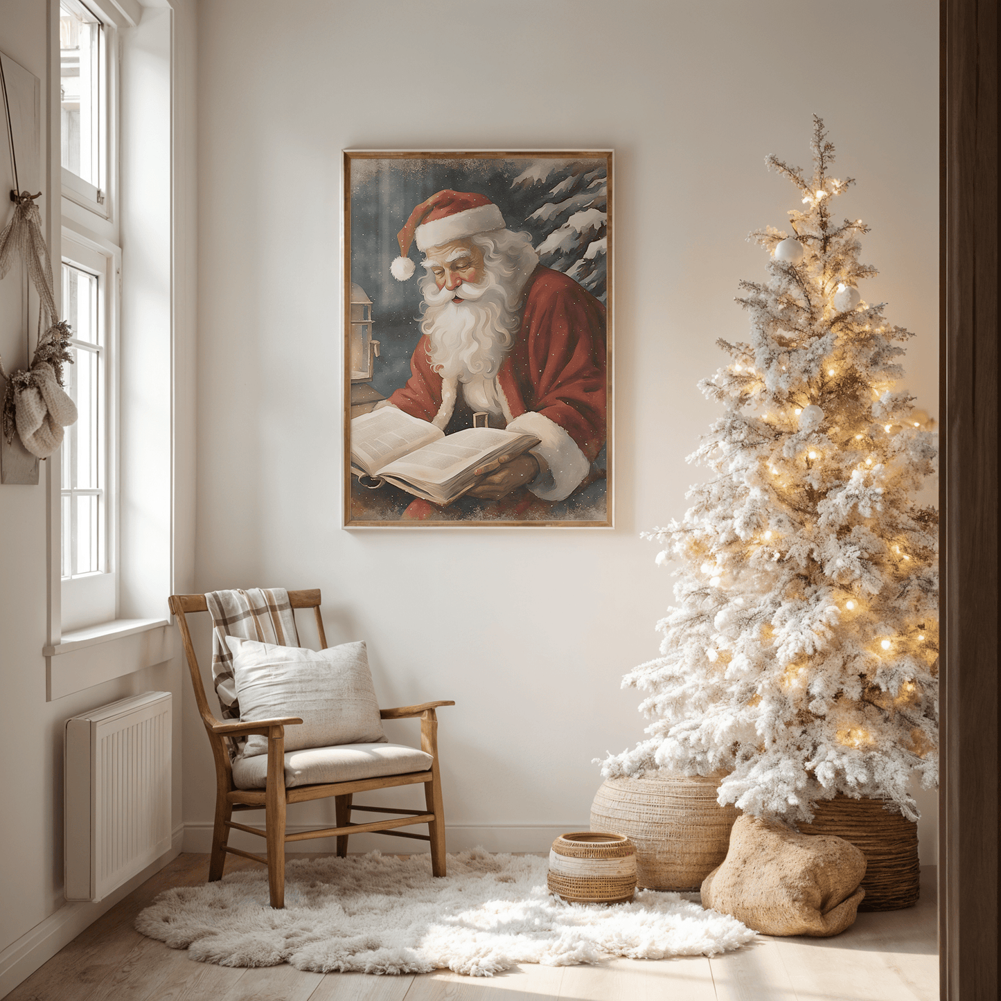 Vintage Santa Claus portrait while reading a book, Christmas wall art framed and displayed in cozy entryway with soft rug and flocked Christmas tree