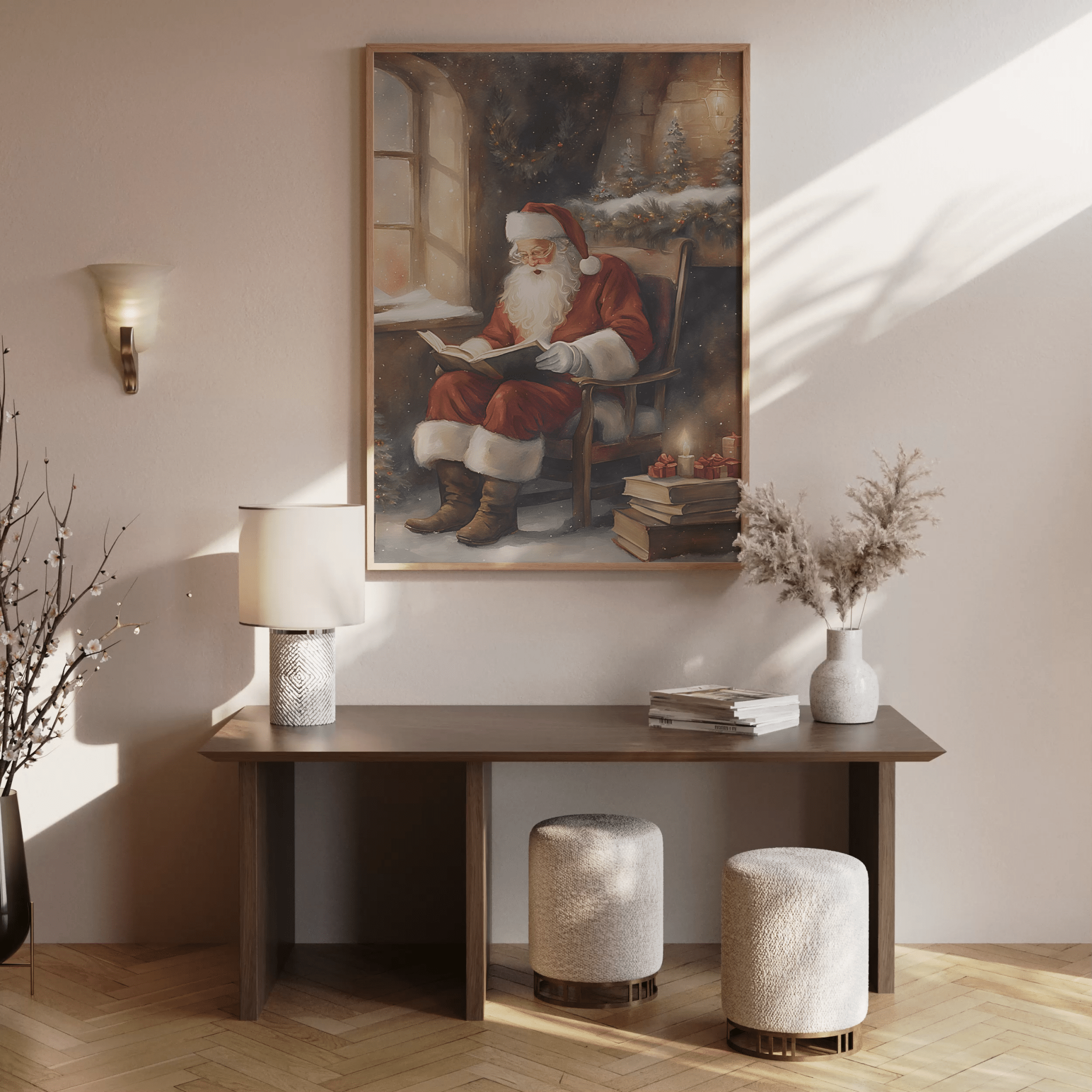 large Christmas canvas print of Santa reading by the fire hanging in cozy entryway or hallway with flocked tree above a wooden console table with boho vases and flowers.