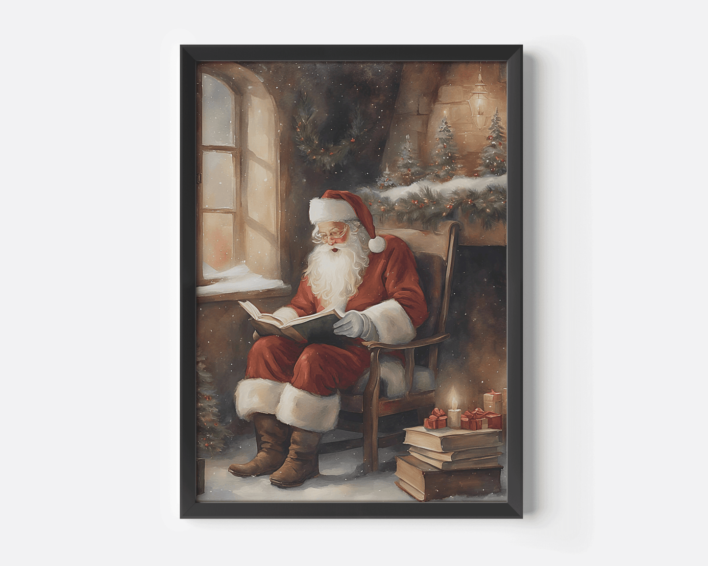 vintage Santa reading by fireplace black-framed wall art, nostalgic Christmas decor in classic style