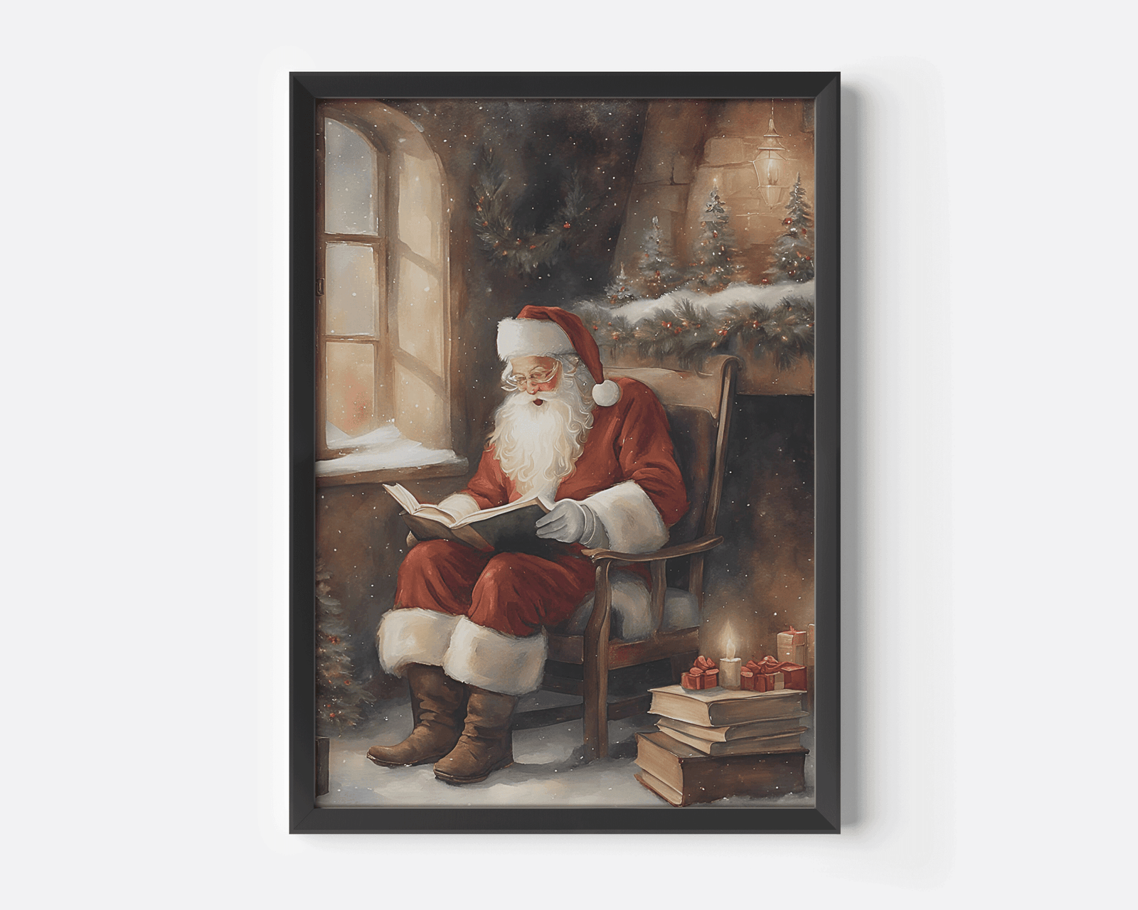 vintage Santa reading by fireplace black-framed wall art, nostalgic Christmas decor in classic style, Ralph Lauren classic christmas inspired art of deep red, brown and rich tones