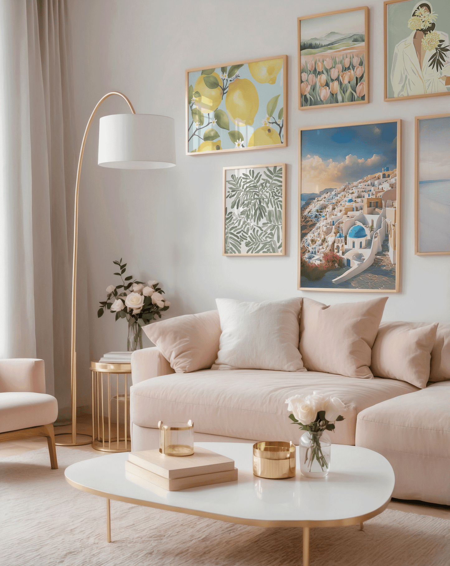 Framed Santorini print in a blush living room gallery wall with Mediterranean art