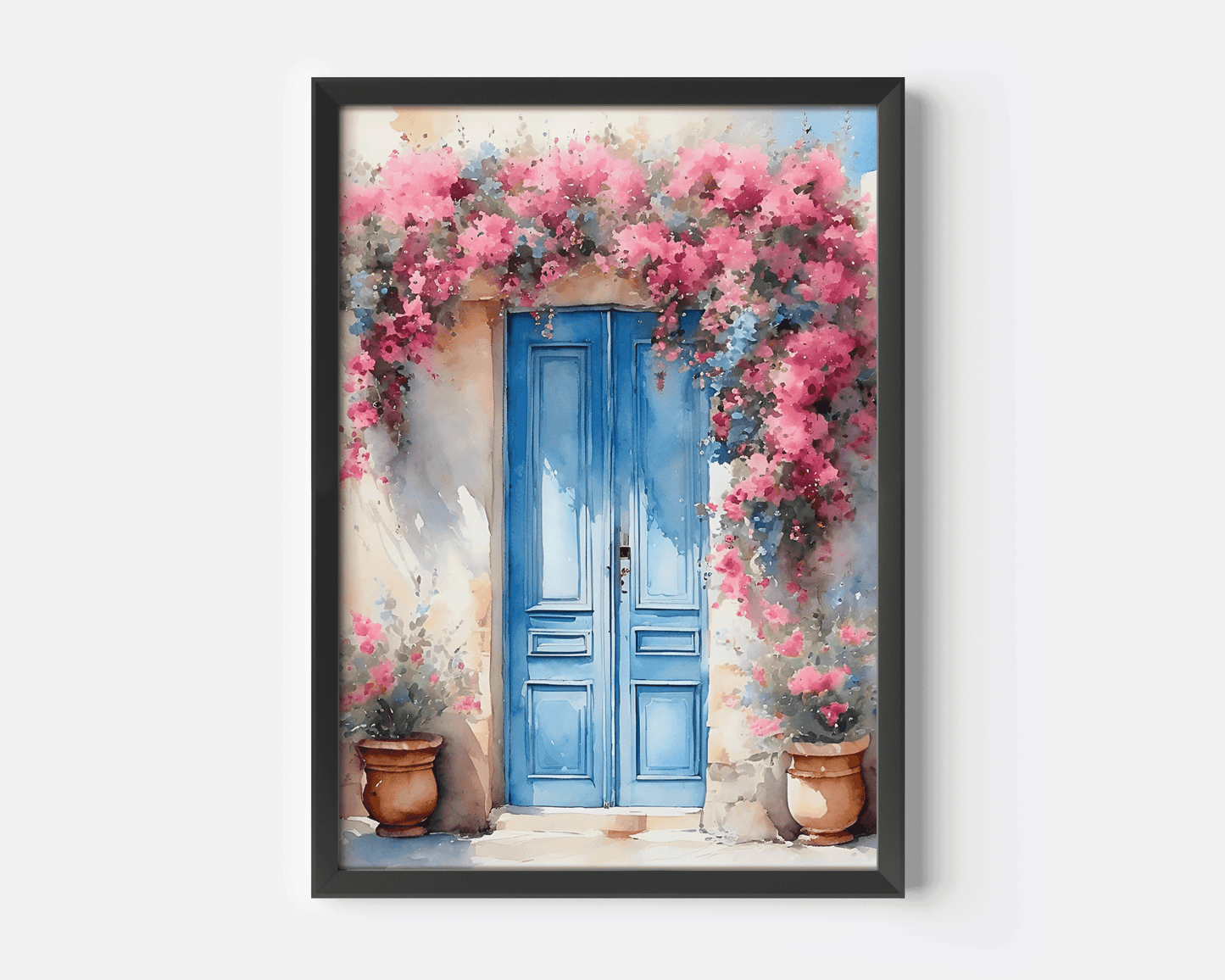 Black framed Santorini blue door wall art  wtih pink flowers on plain background