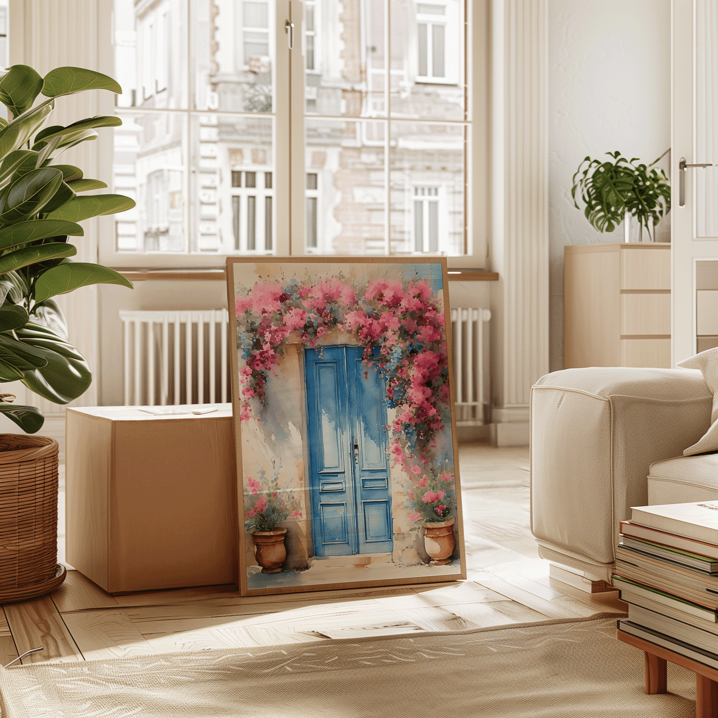 Natural framed Santorini blue door wall art leaning in a bright living room with a plant