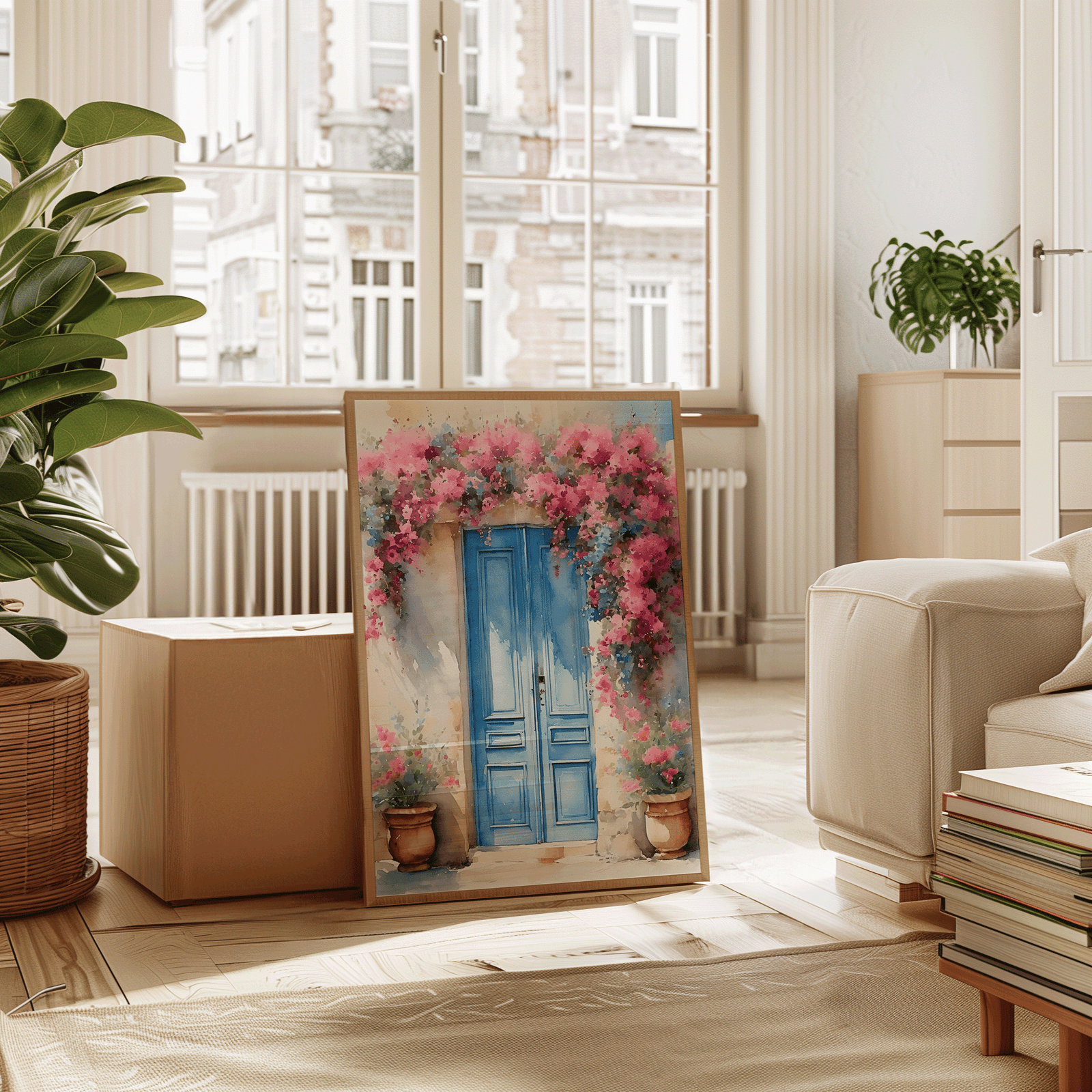 Natural framed Santorini blue door wall art leaning in a bright living room with a plant