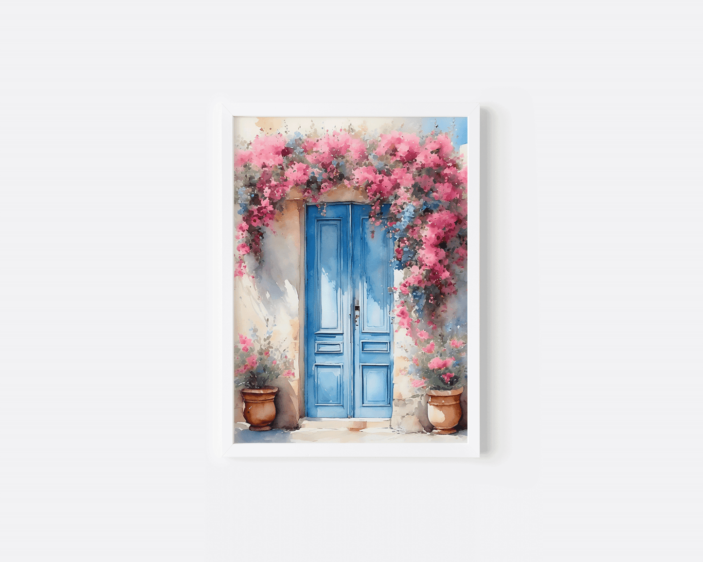 White framed Santorini blue door canvas wall art print on white background