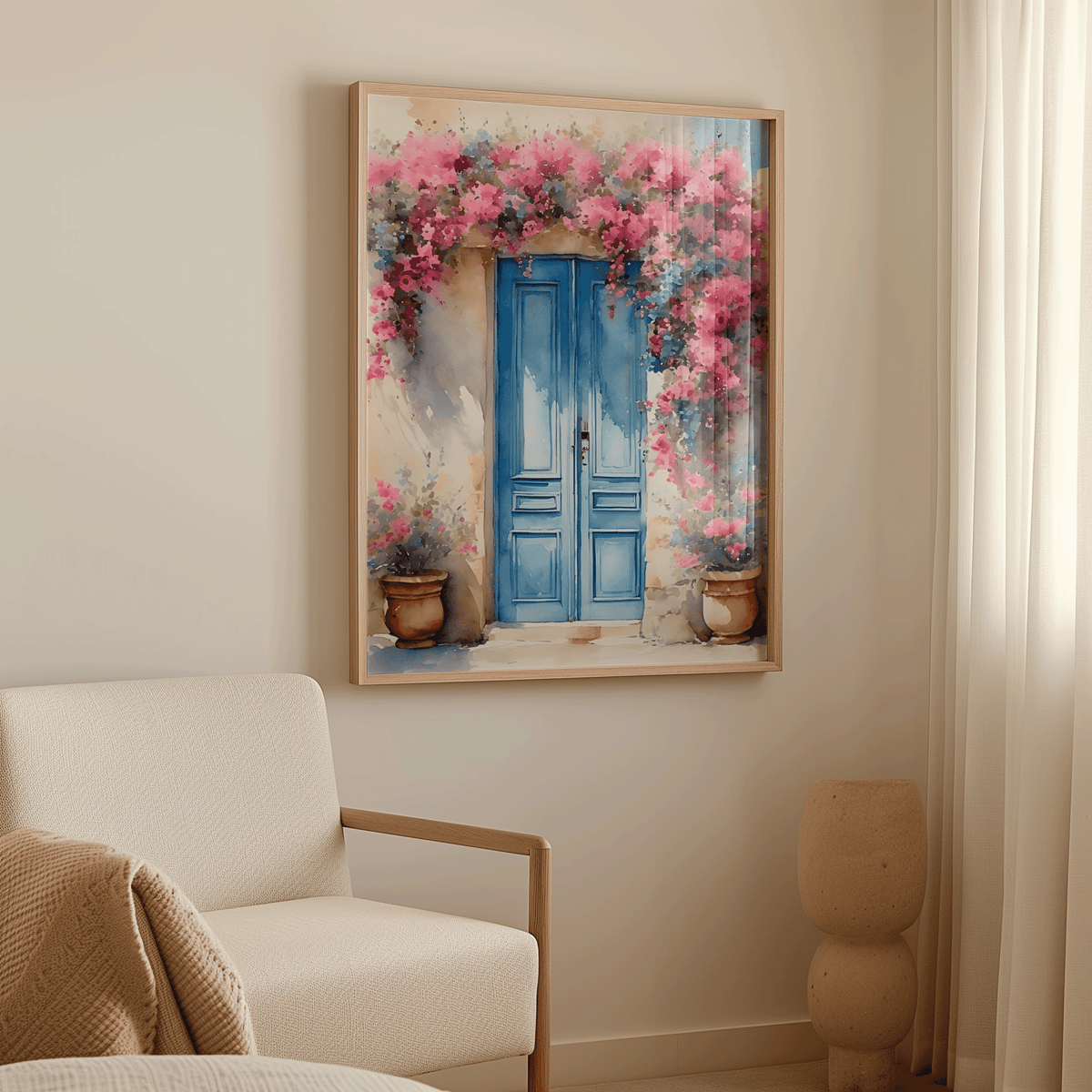 Natural framed Santorini blue door wall art above an armchair in a beige room