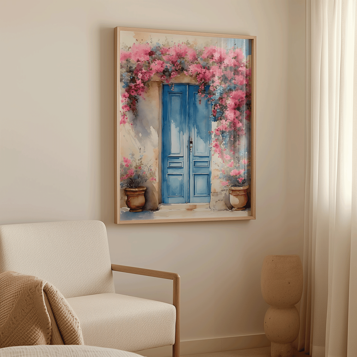 Natural framed Santorini blue door wall art above an armchair in a beige room