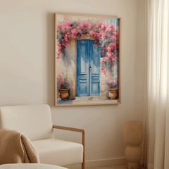 Natural framed Santorini blue door wall art above an armchair in a beige room