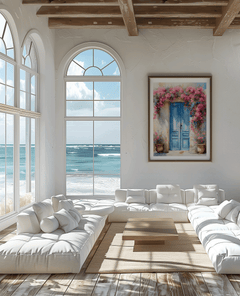 Natural framed Santorini blue door wall art above a white sofa in a coastal living room with ocean view