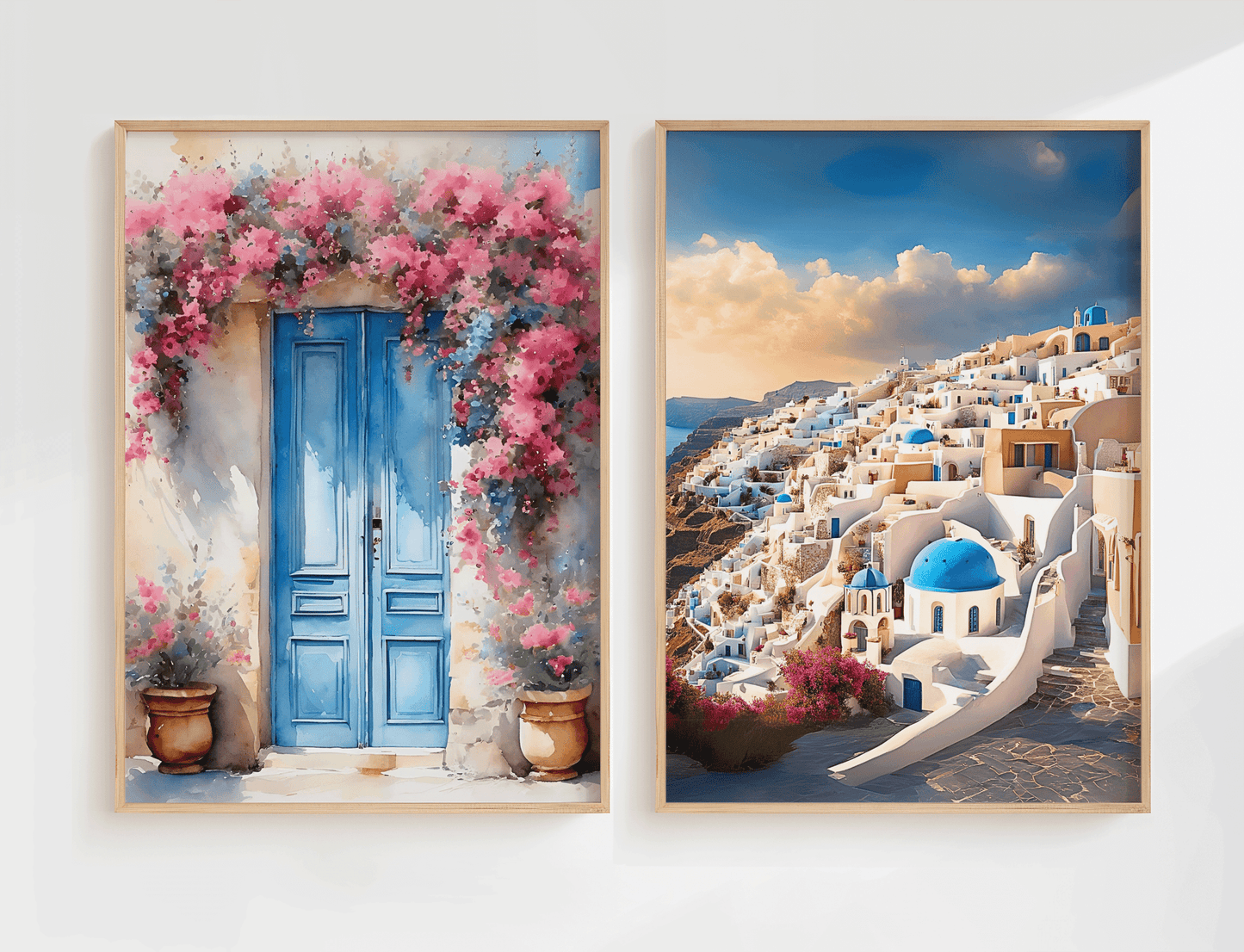 Mediterranean inspired Santorini blue door wall art paired with a Santorini, Greece, village landscape print in matching frames