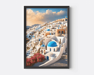 Santorini Greece blue-dome canvas wall art in a black frame at sunset with pink bougainville