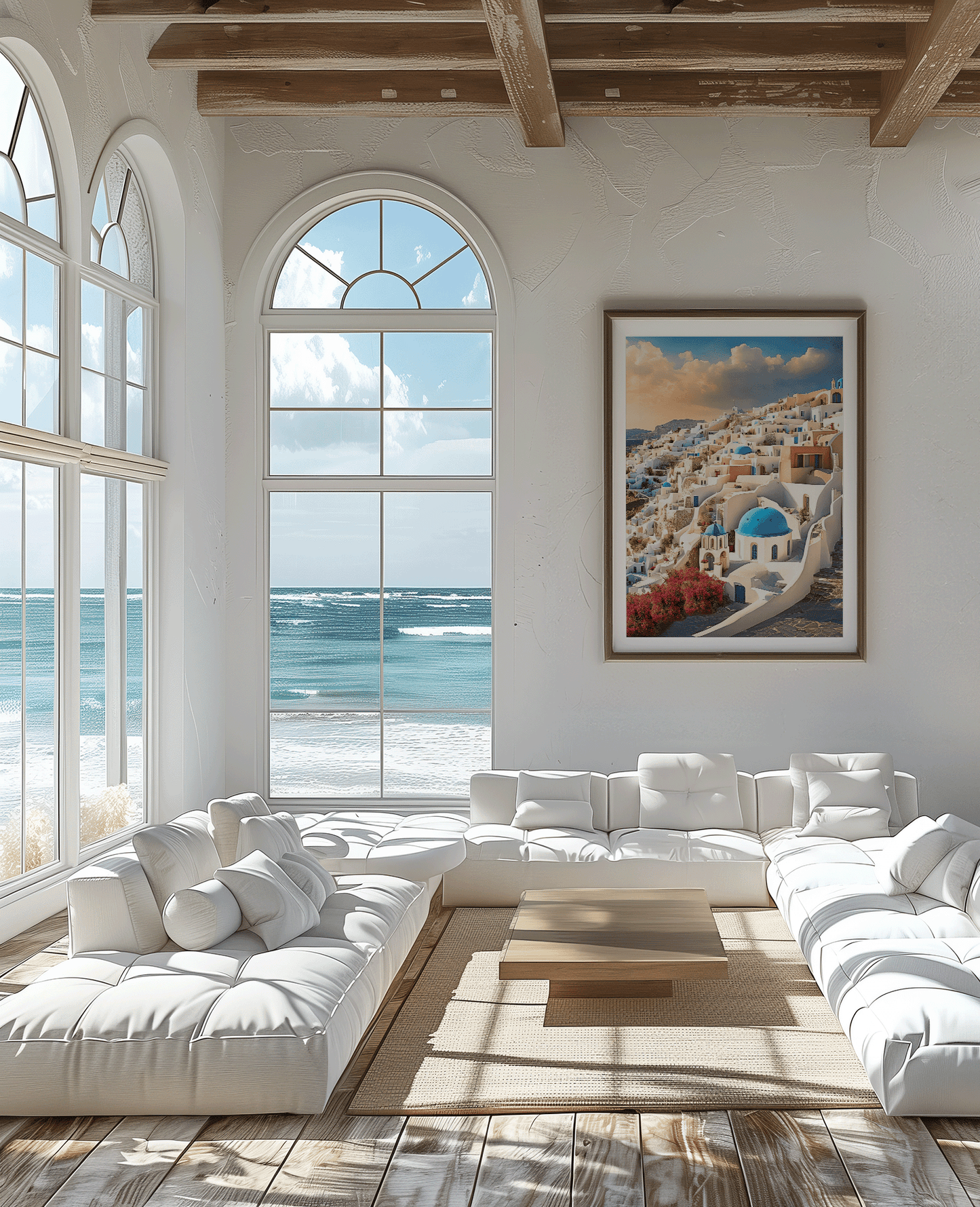 Santorini Greece canvas wall art in a wood frame in a coastal living room with ocean view