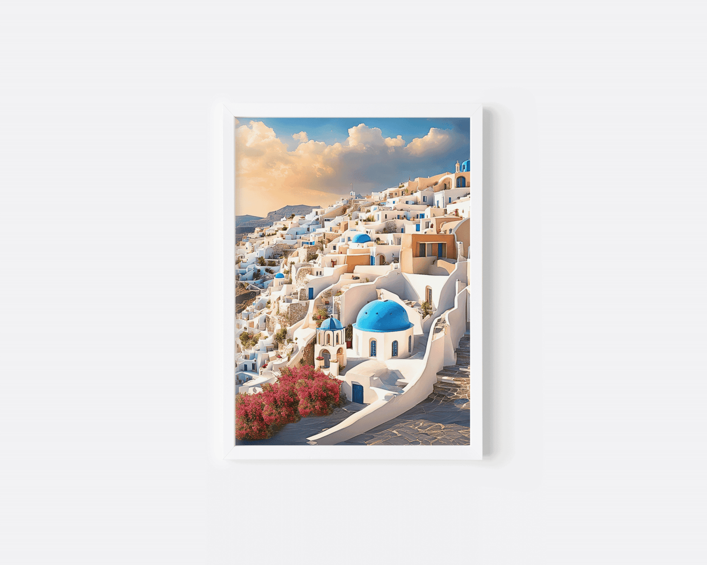 Santorini Greek island print in a white frame showing blue domes and pink bougainvillea