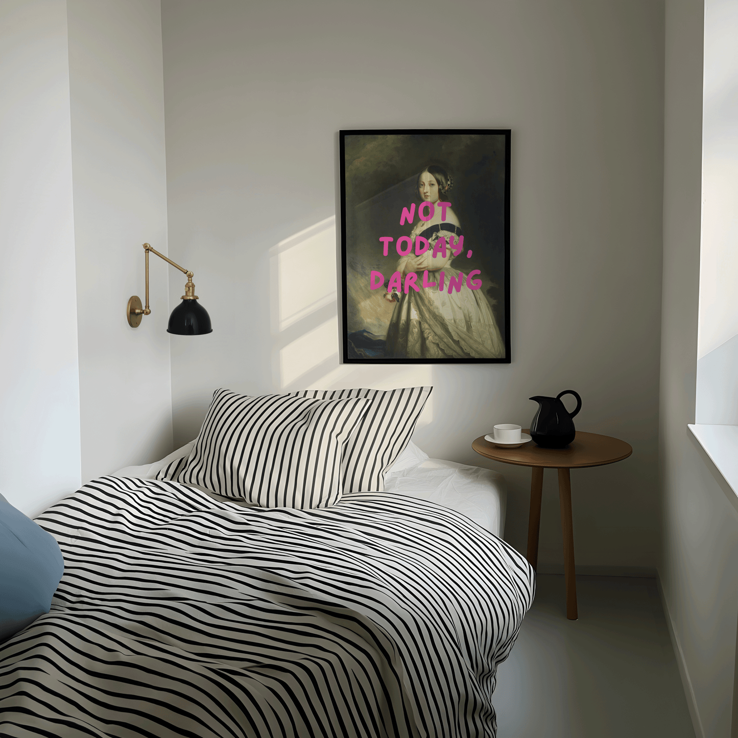 Modern bedroom with striped bedding, a side table, and a sassy bedroom wall art with feminine aesthetic and bold pink text