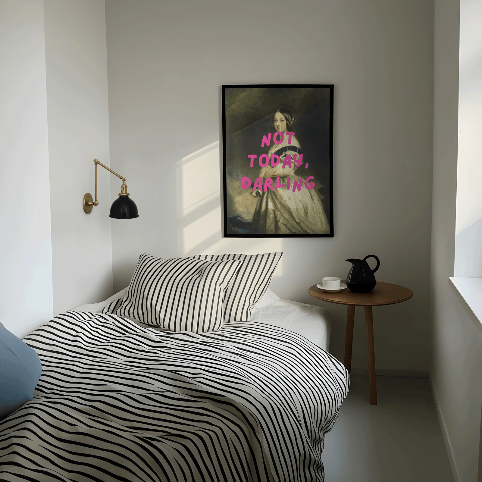 Modern bedroom with striped bedding, a side table, and a sassy bedroom wall art with feminine aesthetic and bold pink text