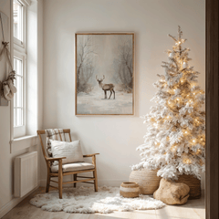 Snowy deer wall art in a Scandinavian-style entryway beside a softly lit Christmas tree