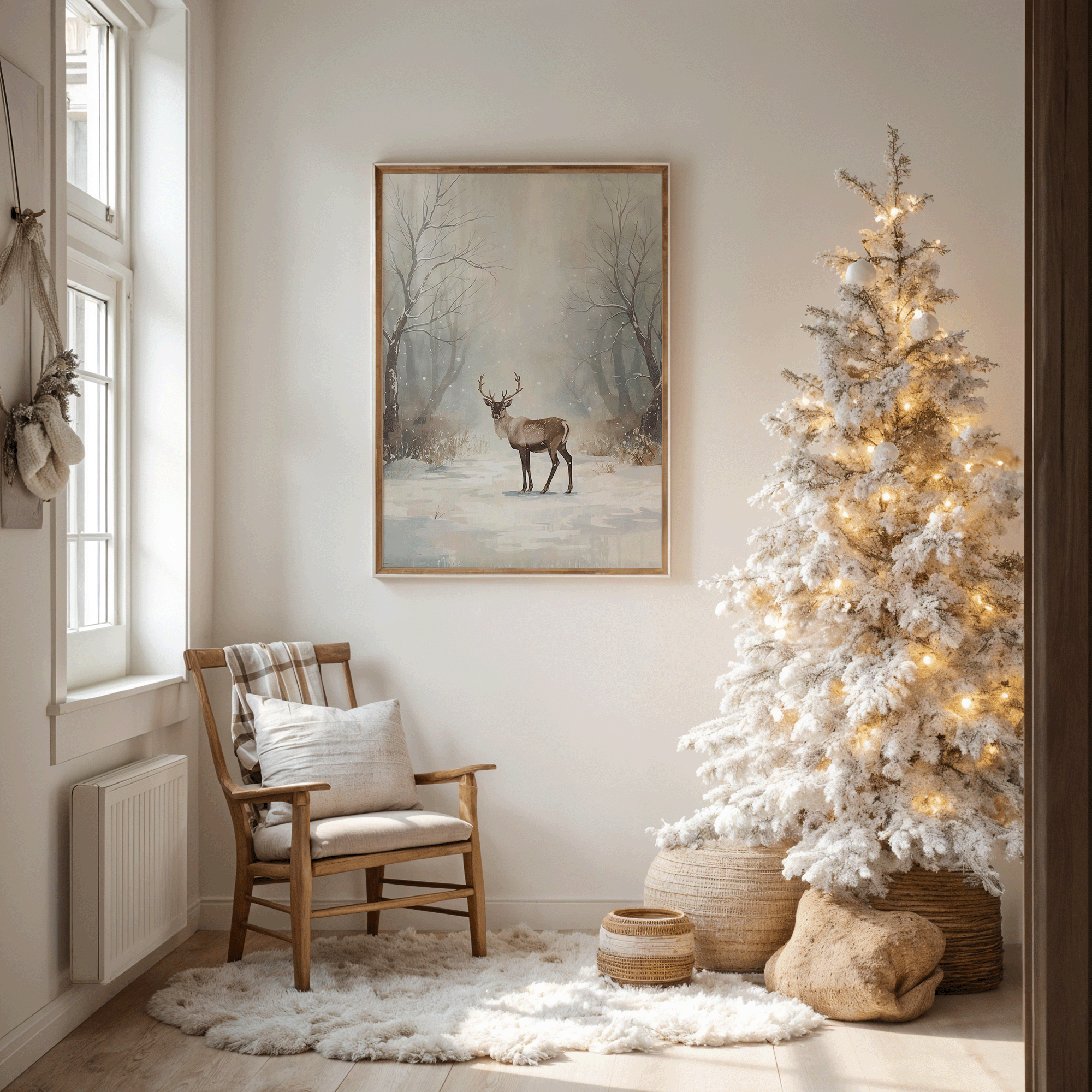 Scandinavian-inspired entryway featuring snowy deer wall art paired with a softly lit Christmas tree, natural woven textures, minimal wood accents, and serene winter ambience — perfect for neutral holiday interior styling.