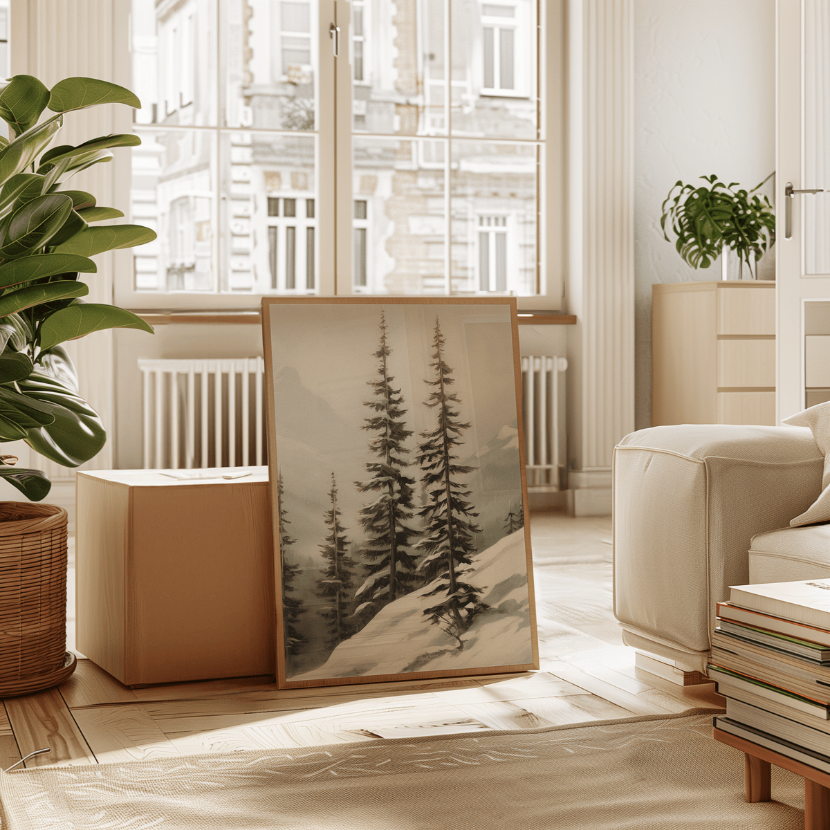 Large snowy mountain and pine tree print leaning on floor in Scandinavian apartment living room