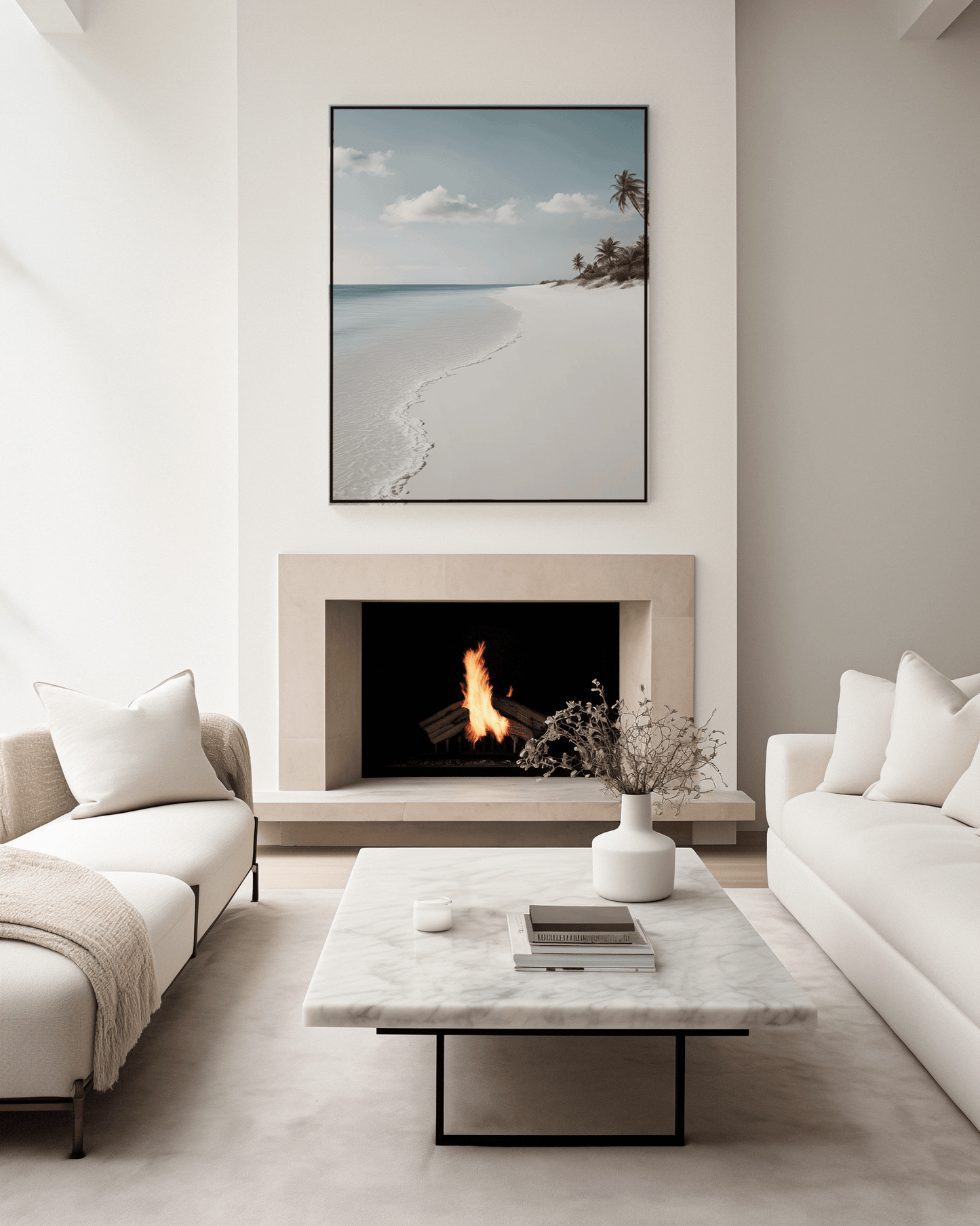 serene muted coastal beach wall art above fireplace in neutral luxury living room, calm ocean and white sand shoreline