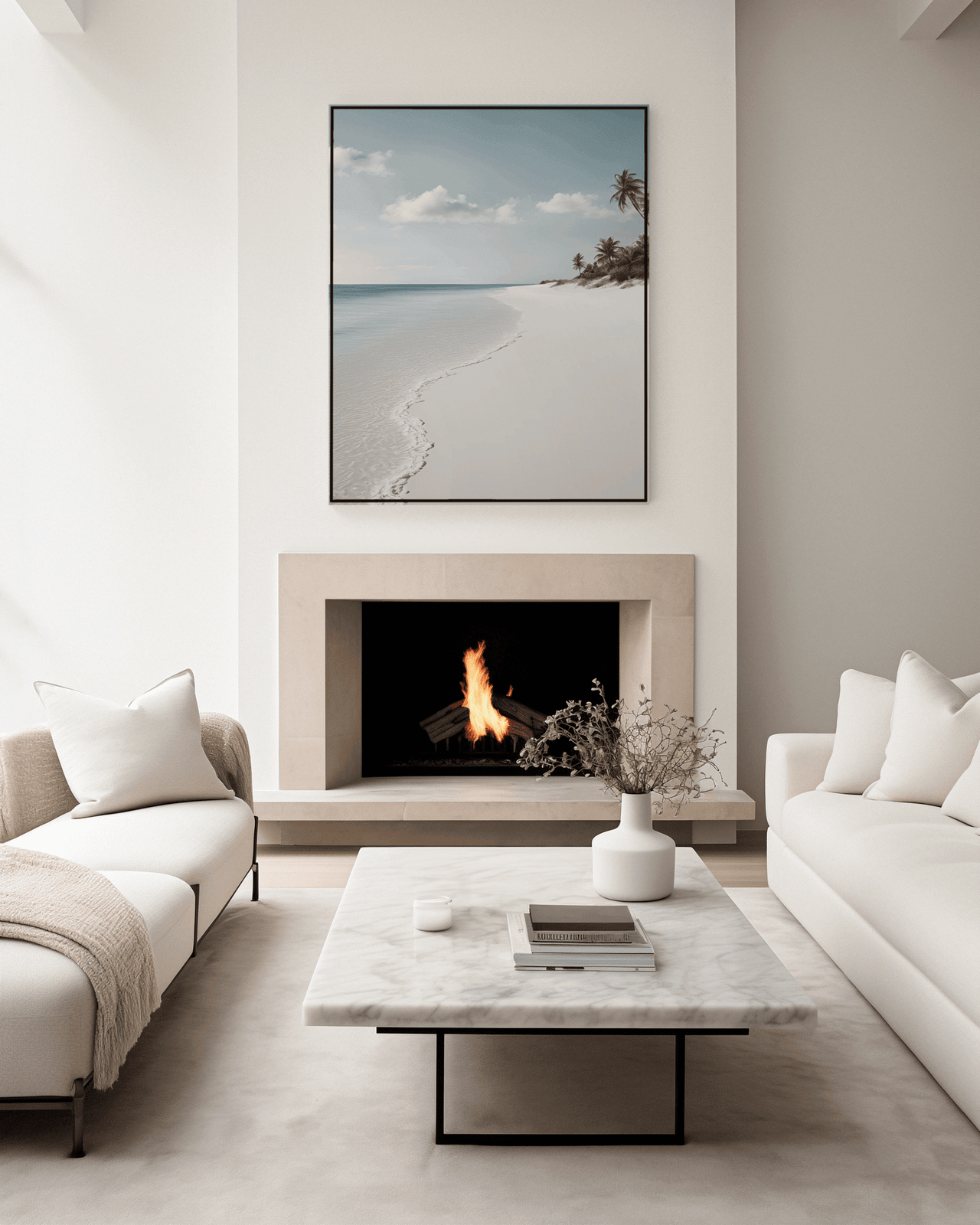 serene muted coastal beach wall art above fireplace in neutral luxury living room, calm ocean and white sand shoreline