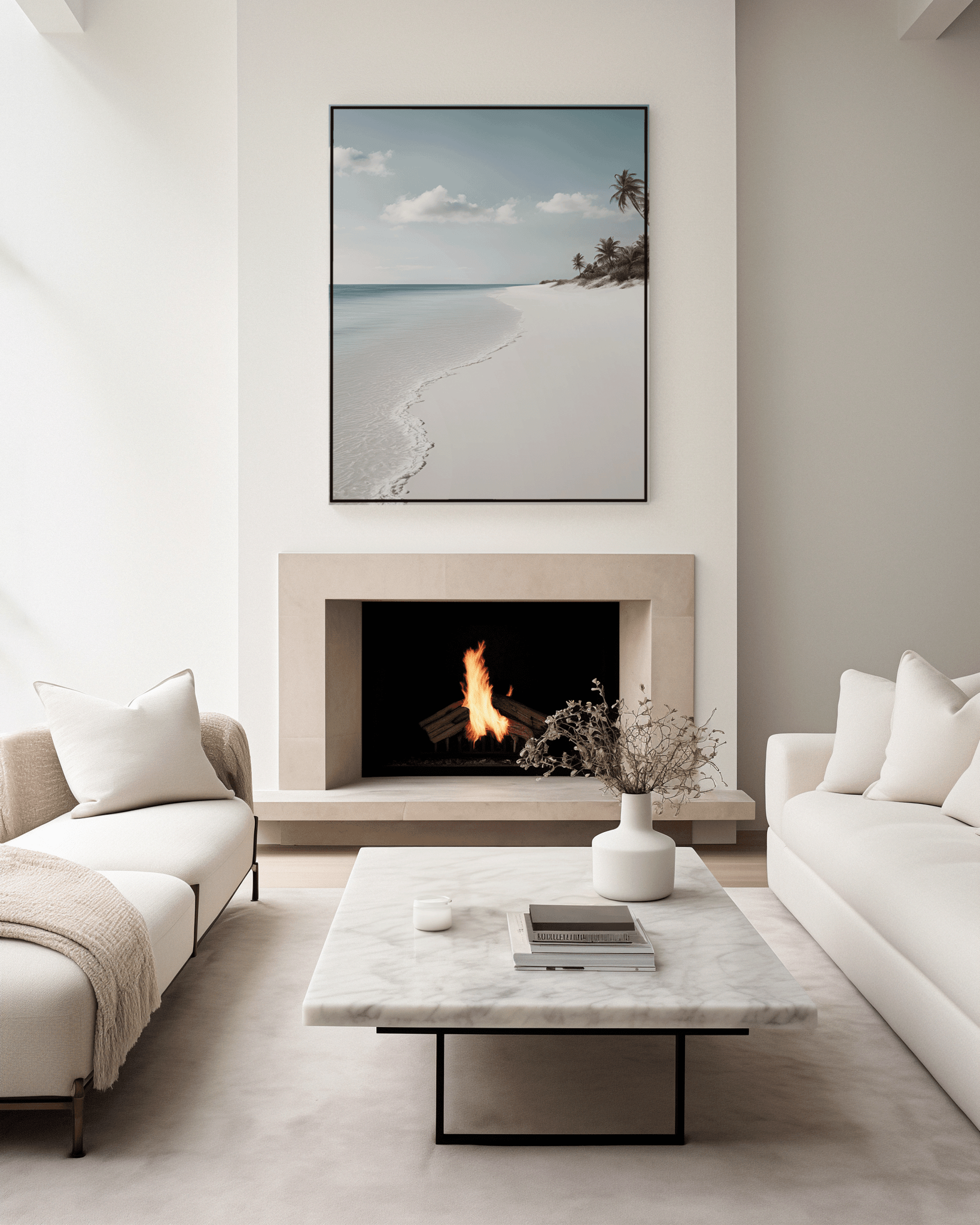 serene muted coastal beach wall art above fireplace in neutral luxury living room, calm ocean and white sand shoreline