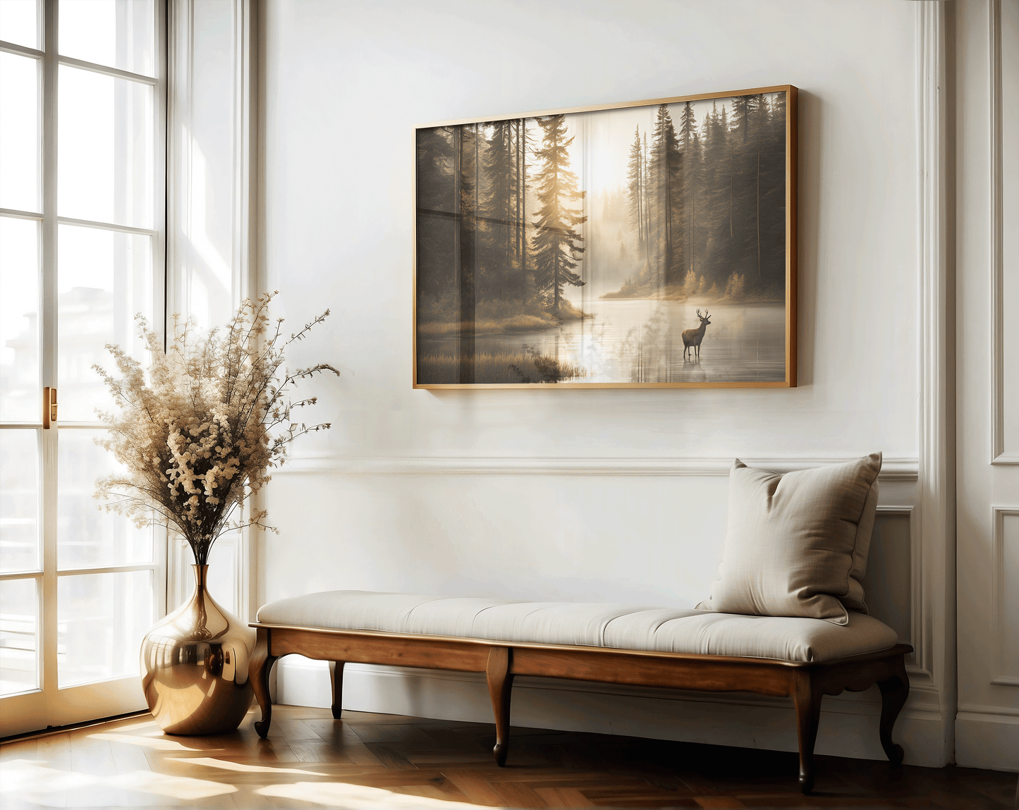 Serene deer lake nature canvas wall art framed in wood, styled above a hallway bench with neutral decor.