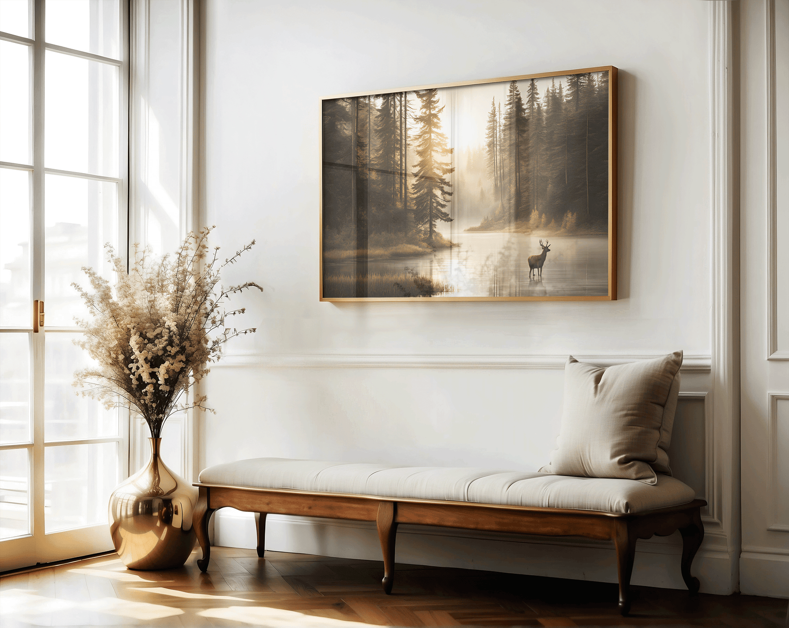 Serene deer lake nature canvas wall art framed in wood, styled above a hallway bench with neutral decor.