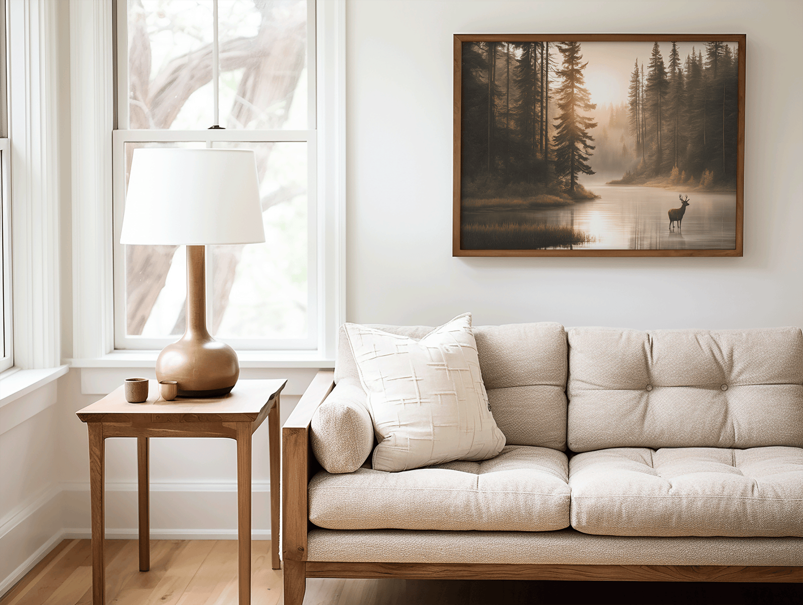 Deer canvas wall art with a misty forest lake view hung above a beige sofa in a cozy living room.