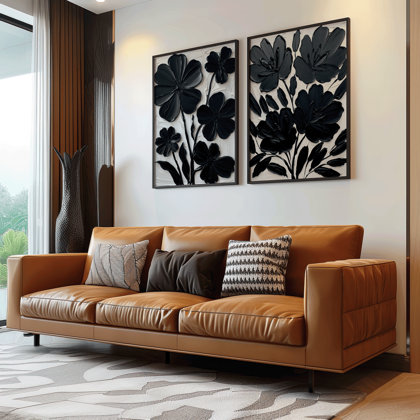 Set of 2 black floral wall art abstract flower prints styled above a modern brown leather sofa with decorative pillows