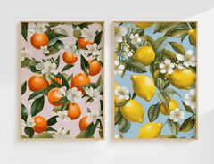 Citrus lemon and orange blossom framed wall art side-by-side on a white wall — perfect kitchen or dining room wall art
