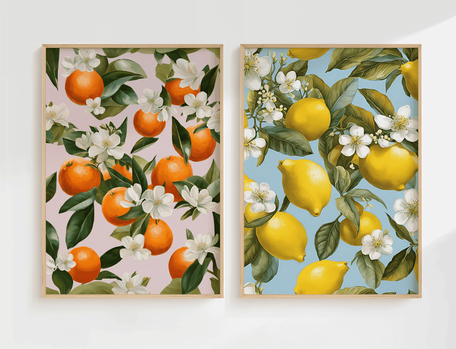 Citrus lemon and orange blossom framed wall art side-by-side on a white wall — perfect kitchen or dining room wall art