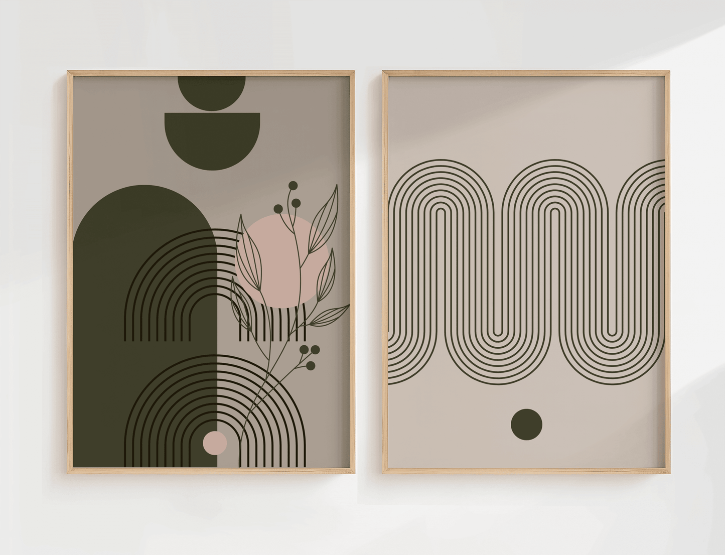 Set of two mid-century modern line art prints in oak frames, olive green arch and wave designs on beige