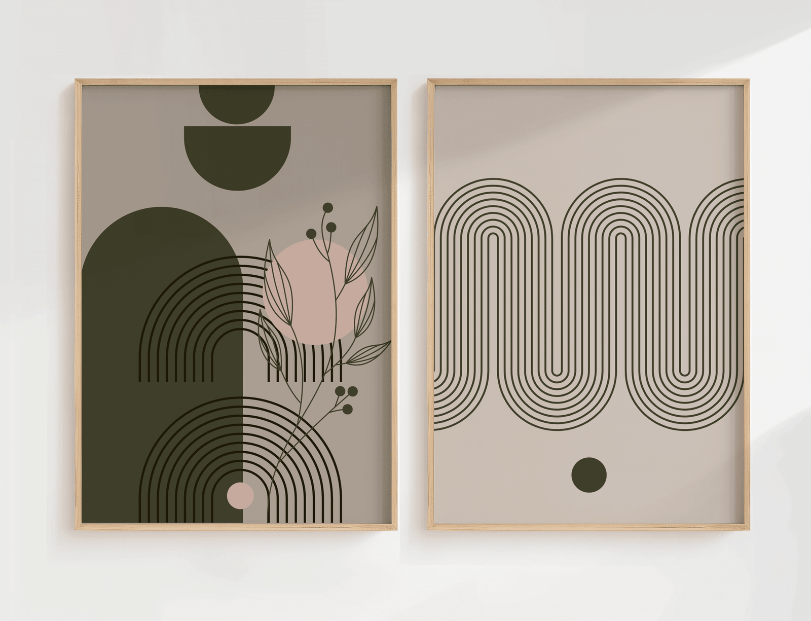 Set of two mid-century modern line art prints in oak frames, olive green arch and wave designs on beige