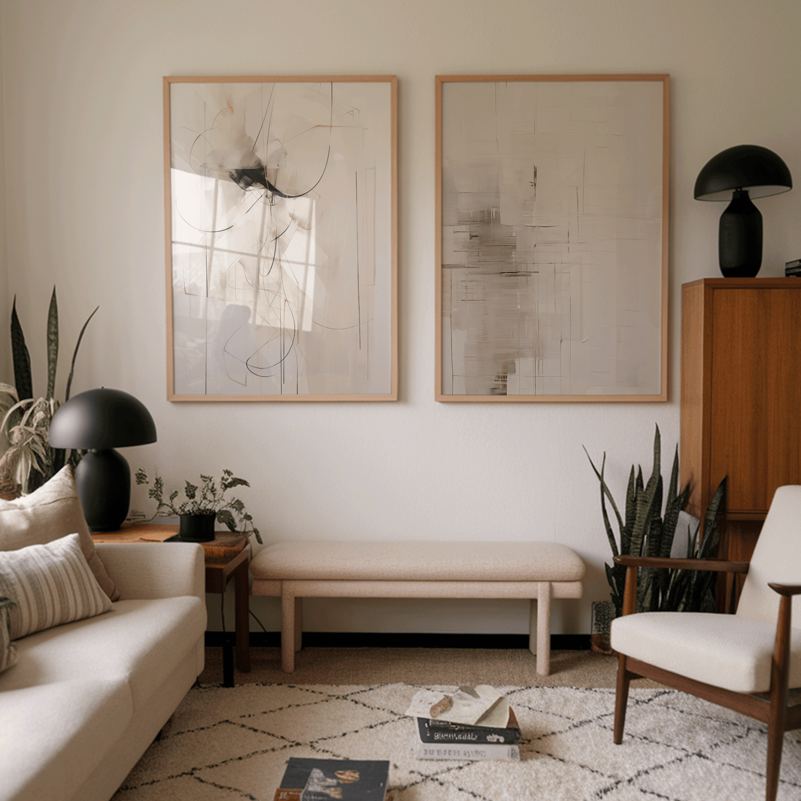 A set of 2 framed minimalist neutral wall art abstract prints with a mix of beige, creams, white and black lines and abstract designs and faux texture, styled in modern living room with plants