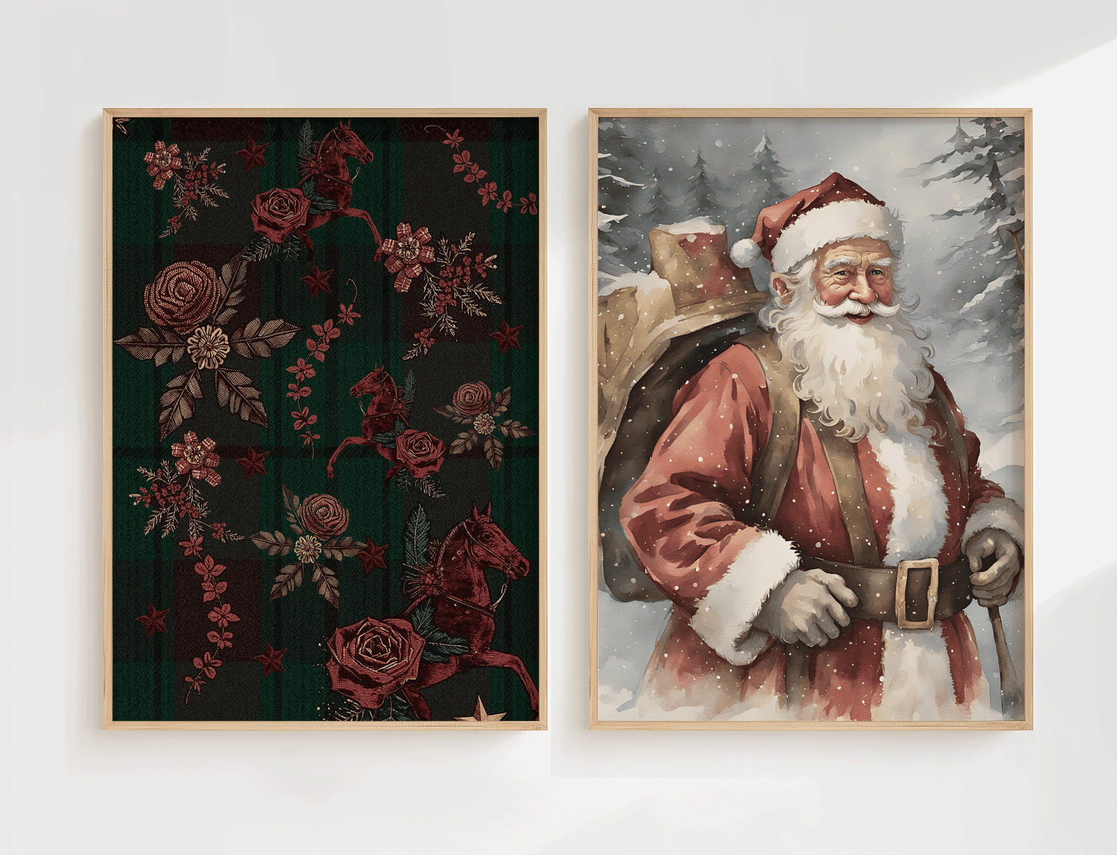 Set of 3 rustic wood-framed Ralph Lauren Christmas tartan plaid artwork with vintage horses and classic red-and-green heritage florals hanging on a sunlit wall in warm holiday decor, next to a vintage Santa Claus print with a snowy landscape winter background
