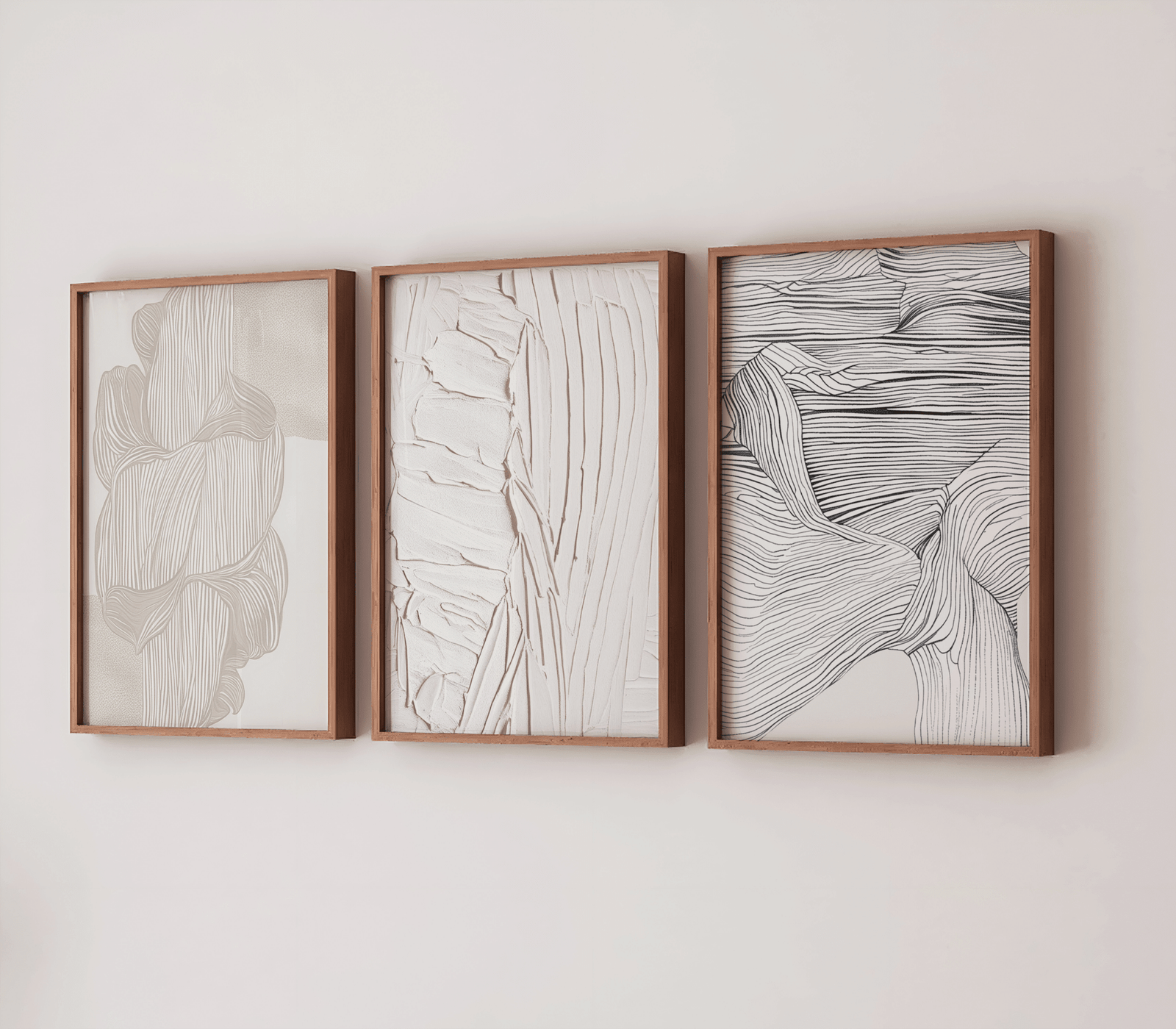 Set of 3 wooden-framed abstract minimal wall art prints with a mix of black and white curved lines, all white on white faux paint texture, and beige and white curved designs for a minimalist design.