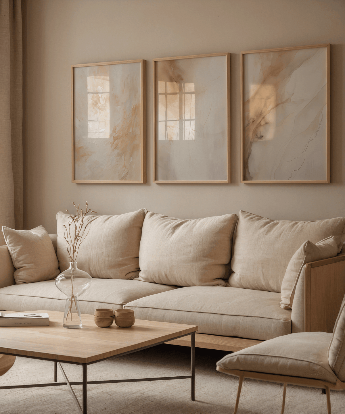 Set of 3 framed abstract wall art in neutral beige and gold tones, framed fine art print for living room decor
