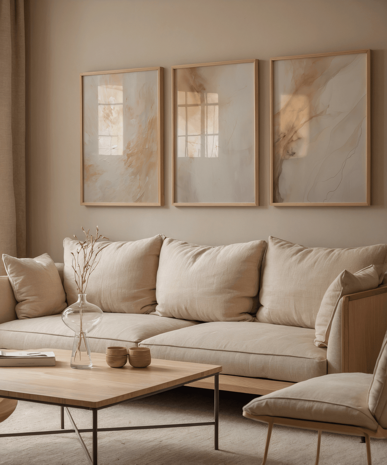 Set of 3 framed abstract wall art in neutral beige and gold tones, framed fine art print for living room decor