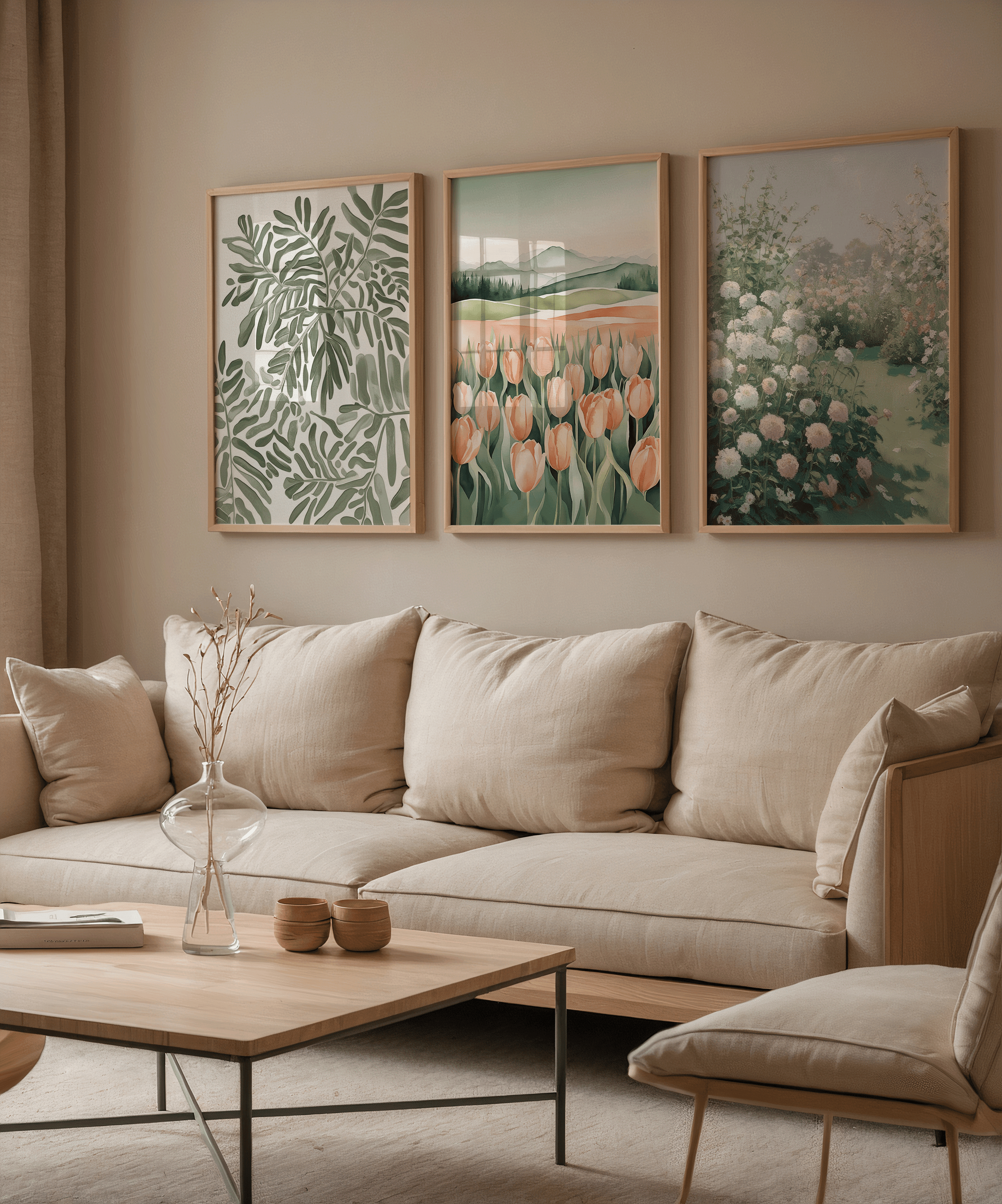 Set of three neutral wall art prints featuring a botanical leaf illustration, tulip field artwork, and soft floral garden scene, arranged above a sofa in matching light wood frames
