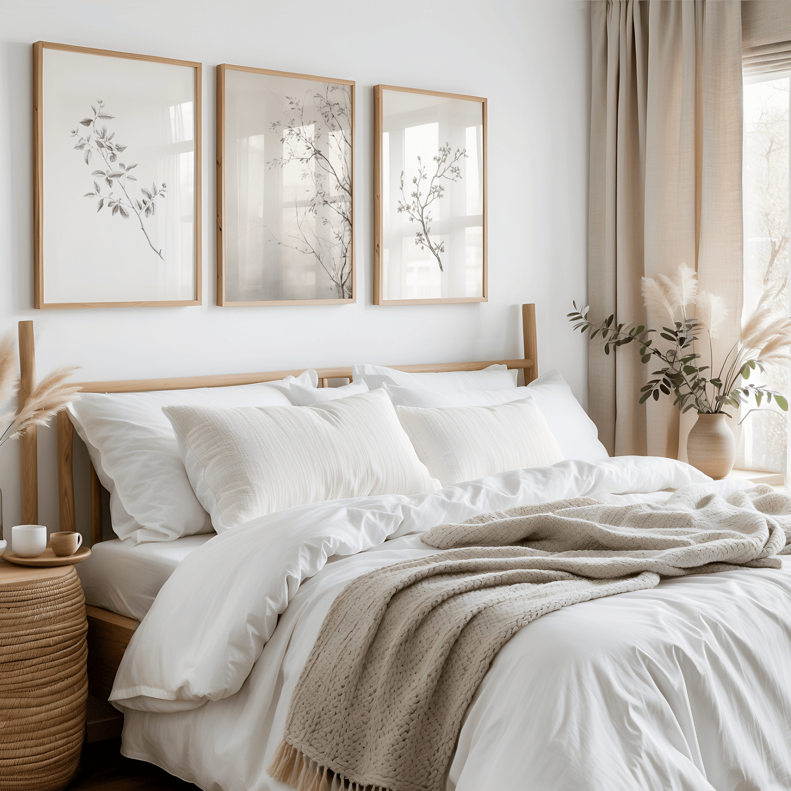 set of 3 moody vintage minimal branches with frames above a wooden bed in a simple boho-inspired bedroom