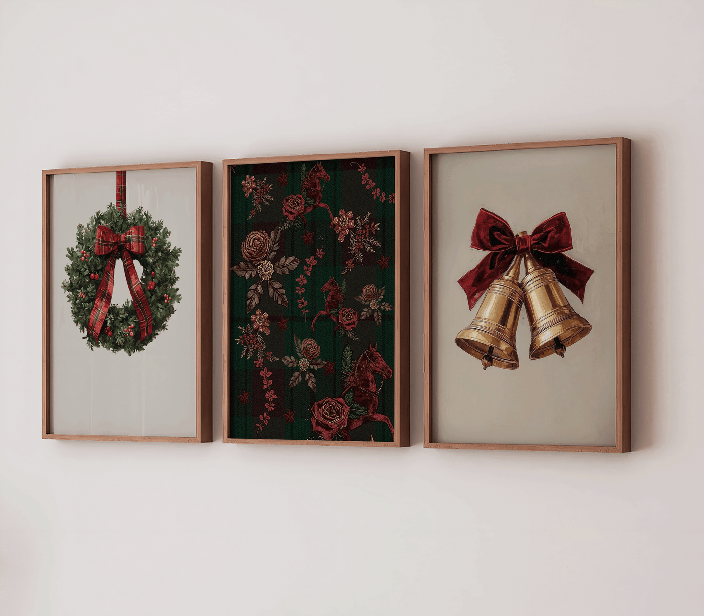 Set of 3 vintage Ralph Lauren–inspired Christmas gallery wall featuring gold bells, tartan plaid heritage horse artwork, and a classic wreath with red ribbon, styled above a bench beside a Christmas tree in warm holiday decor